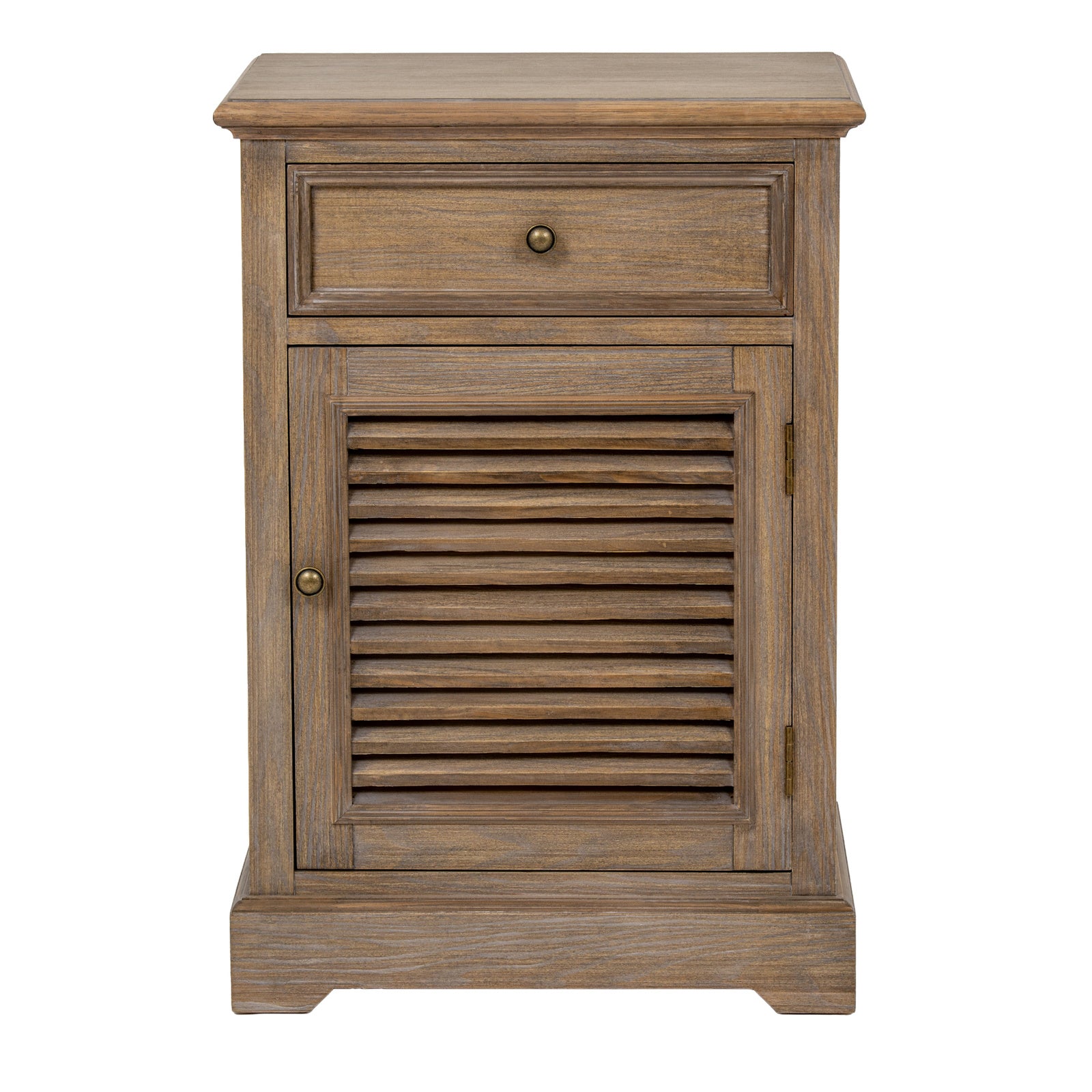 Front view of the Laurent Wood Storage Chest with 1 Door & 1 Drawer – Right Hand highlighting the shutter-style cabinet door, spacious upper drawer, antique brass knobs and timeless natural wood construction.