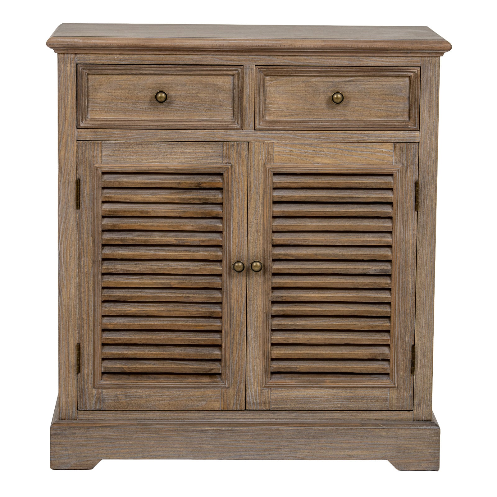 Front view of the Laurent Wood Storage Chest with 2 Doors & 2 Drawers highlighting the symmetrical two-drawer design, louvred wooden cupboard doors, antique brass hardware and versatile storage cabinet for bedrooms, living rooms or hallways.