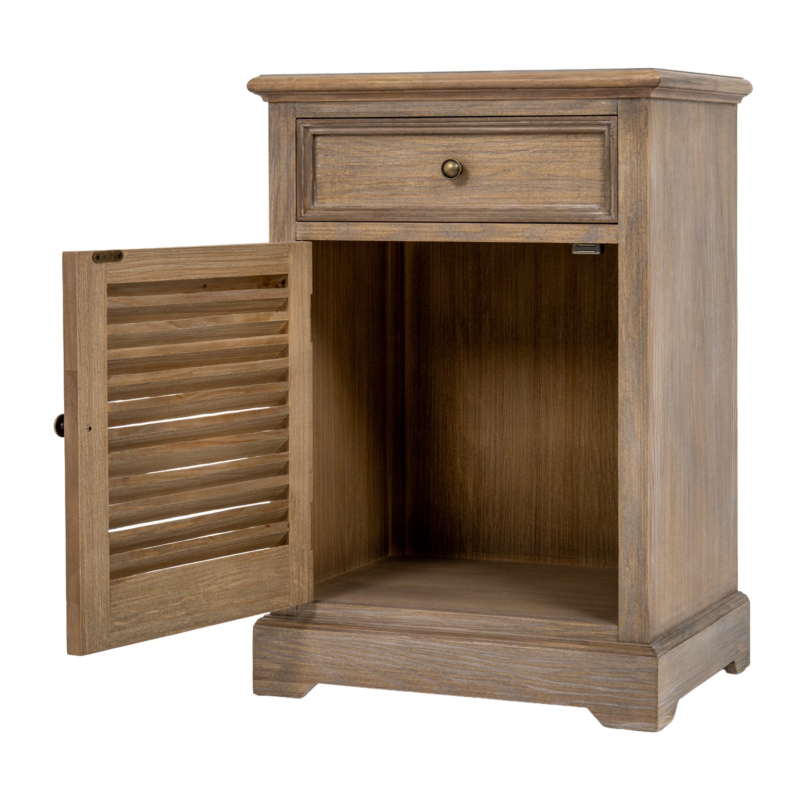 Laurent Wood Storage Chest with 1 Door & 1 Drawer – Left Hand with the shutter-style cabinet door open, revealing generous internal storage space beneath the drawer for books, household essentials and bedroom organisation.