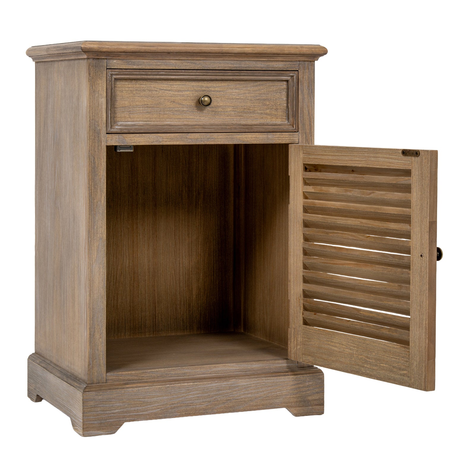 Laurent Wood Storage Chest with 1 Door & 1 Drawer – Right Hand with the shutter-style cabinet door open, revealing generous internal storage space beneath the drawer for household items, books or bedroom essentials.
