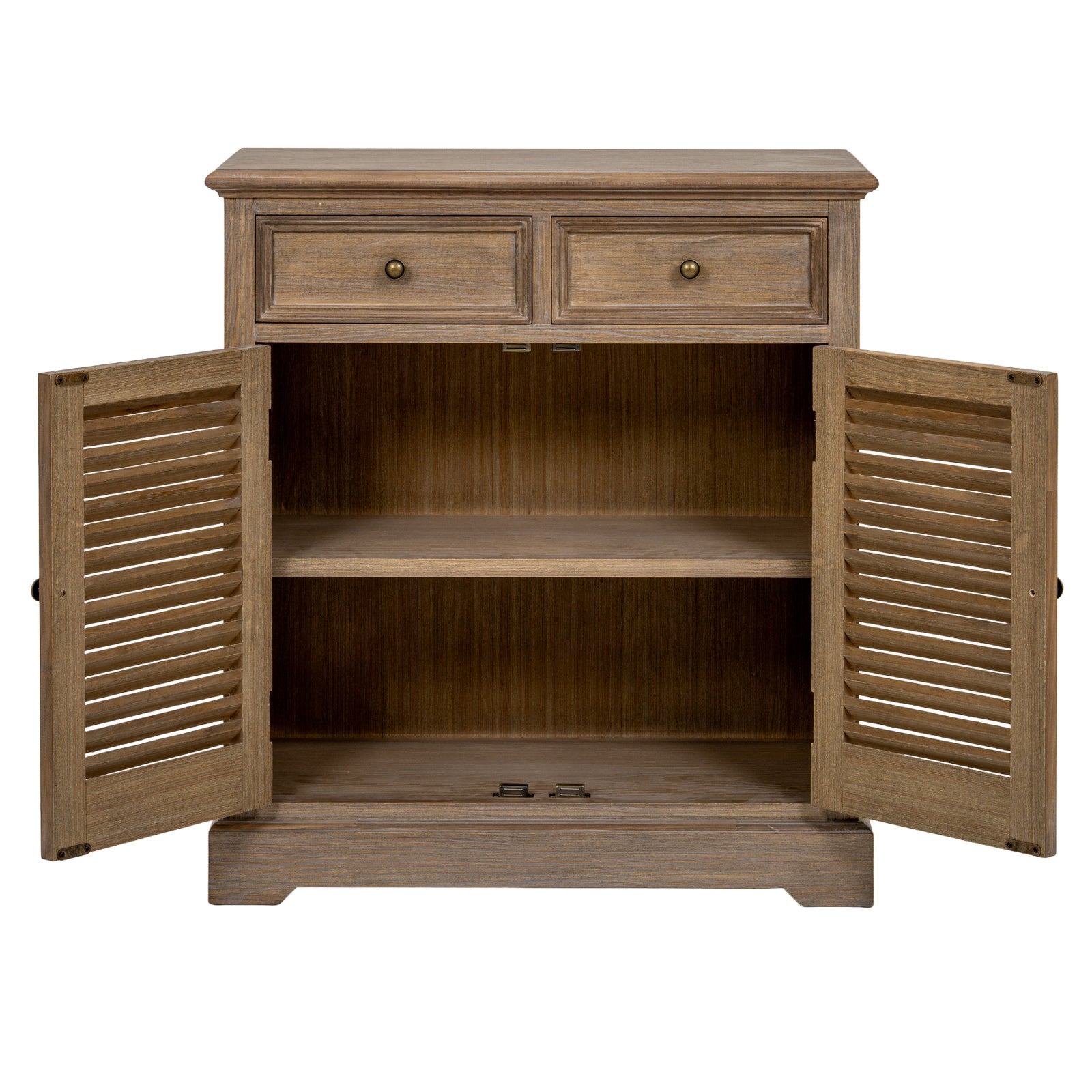 Laurent Wood Storage Chest with 2 Doors & 2 Drawers displayed with both cupboard doors open, revealing the spacious internal shelving, twin storage compartments, natural wood interior and practical organisation for household essentials.