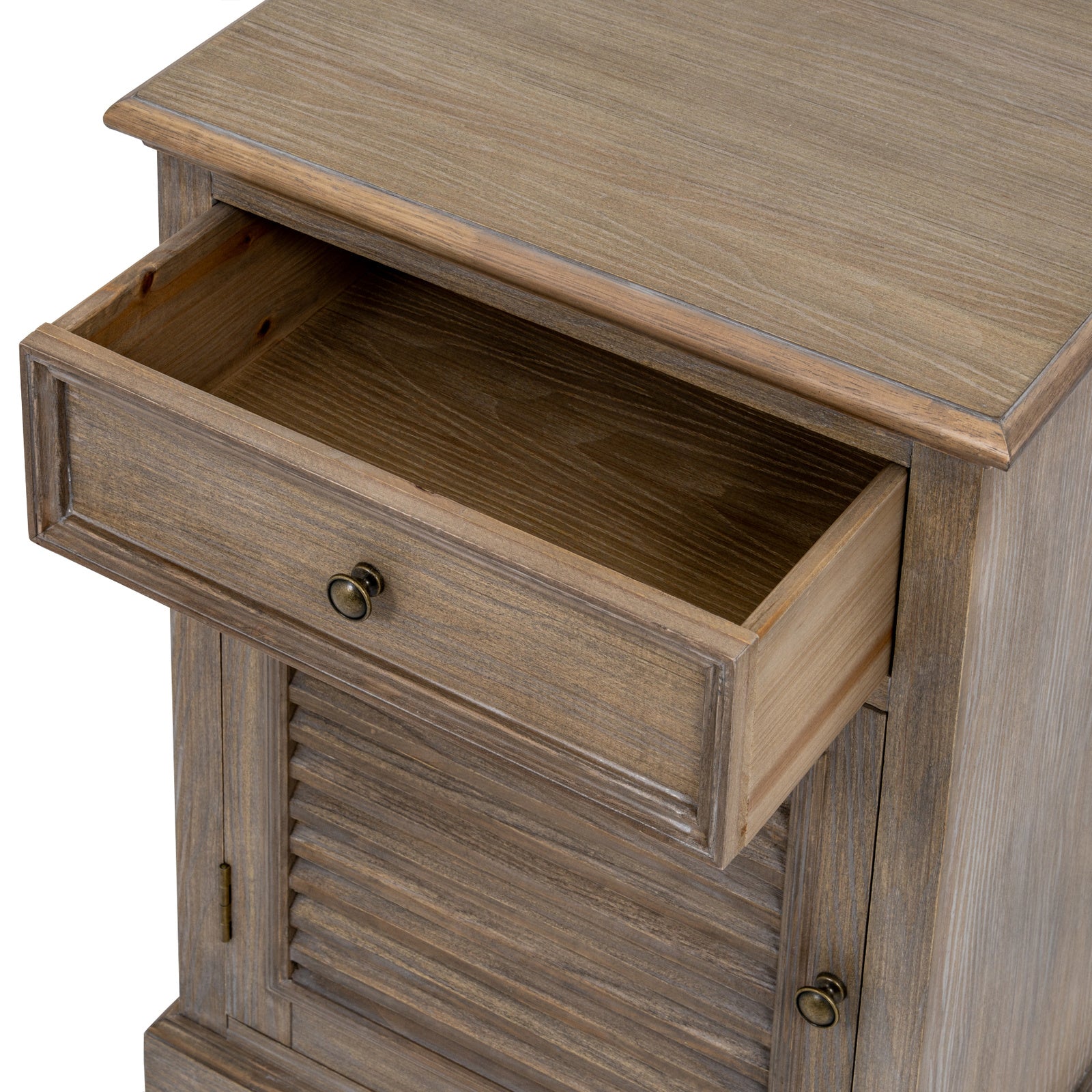 Close-up of the Laurent Wood Storage Chest with 1 Door & 1 Drawer – Left Hand featuring the fully extended storage drawer, natural wood grain, antique brass knob and practical storage for everyday bedroom essentials.