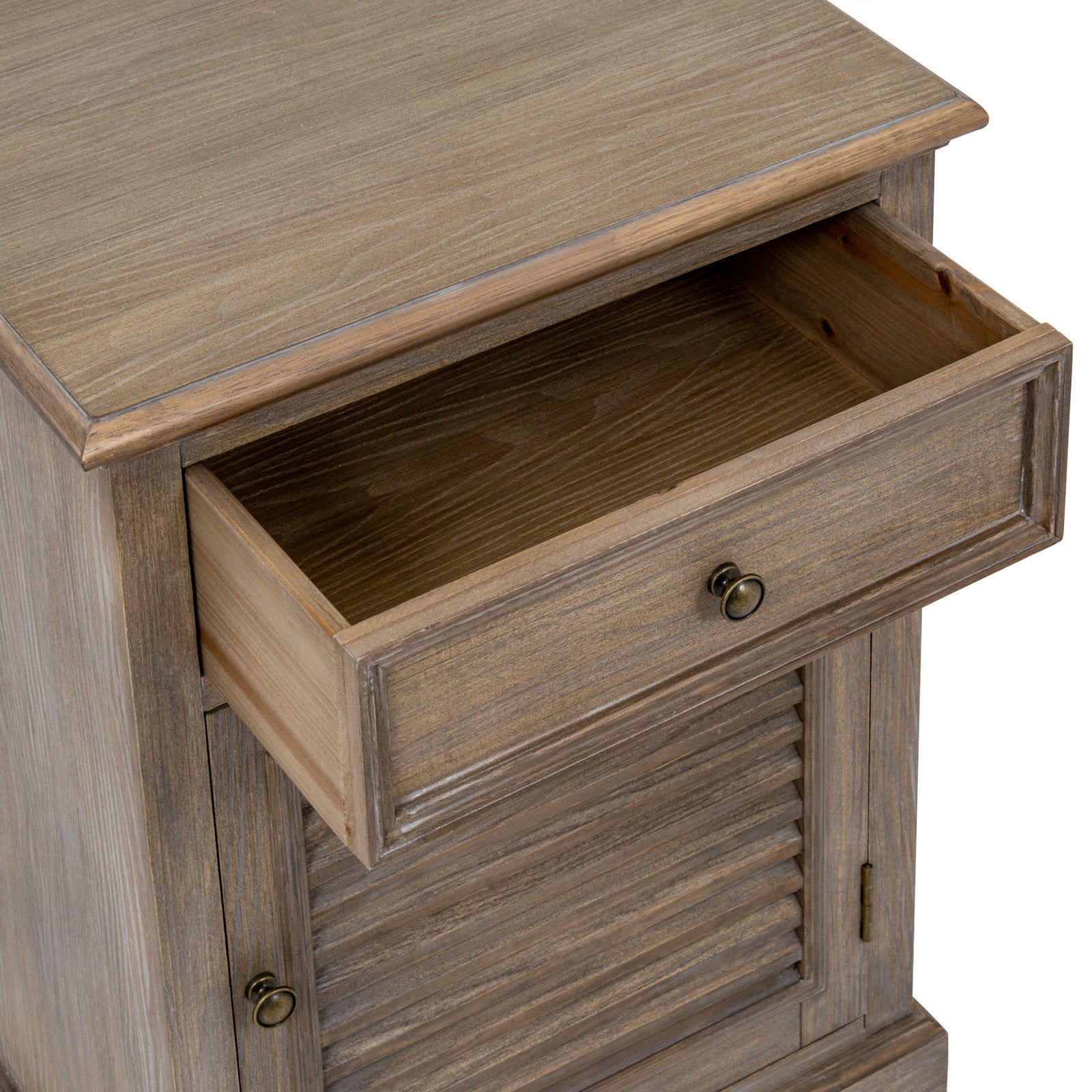 Close-up of the Laurent Wood Storage Chest with 1 Door & 1 Drawer – Right Hand featuring the fully extended storage drawer, natural wood grain, solid construction and practical organisation for everyday essentials.