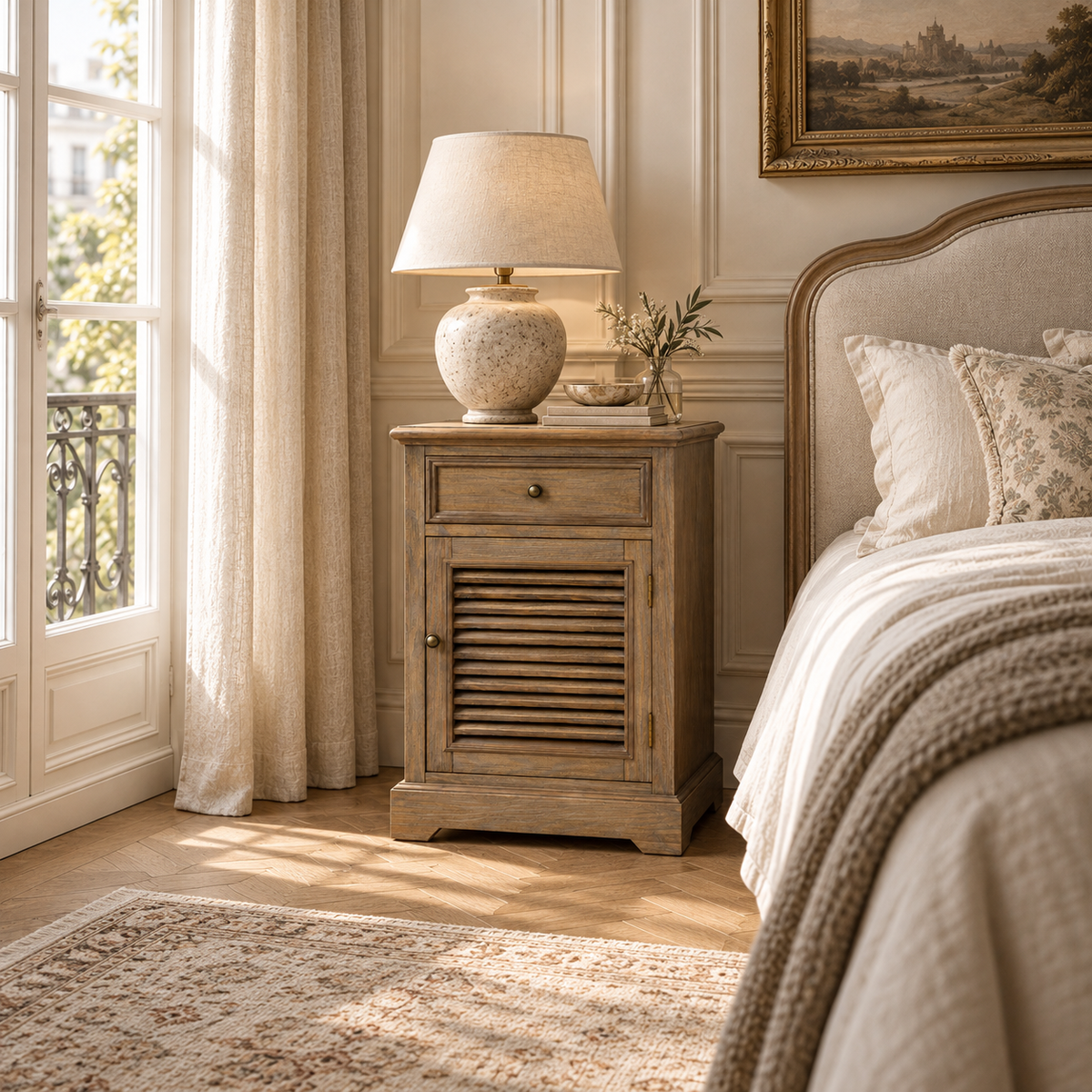 Laurent wood storage chest with drawer and louvred door styled by a bed in a bright classic bedroom.