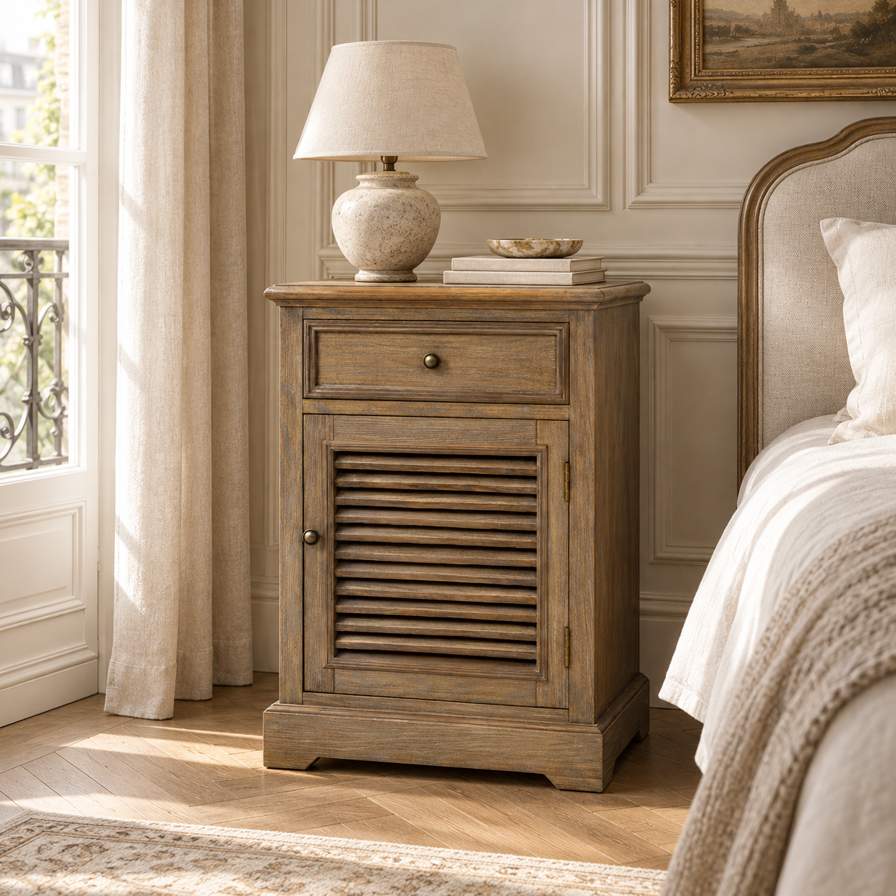 Laurent wood storage chest with drawer and louvred door beside a bed in a warm sunlit bedroom.