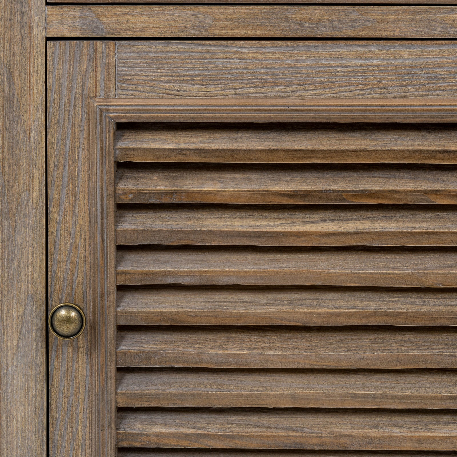 Detailed close-up of the Laurent Wood Storage Chest with 1 Door & 1 Drawer – Right Hand highlighting the louvred shutter-style cabinet door, antique brass knob, natural wood grain and premium craftsmanship.