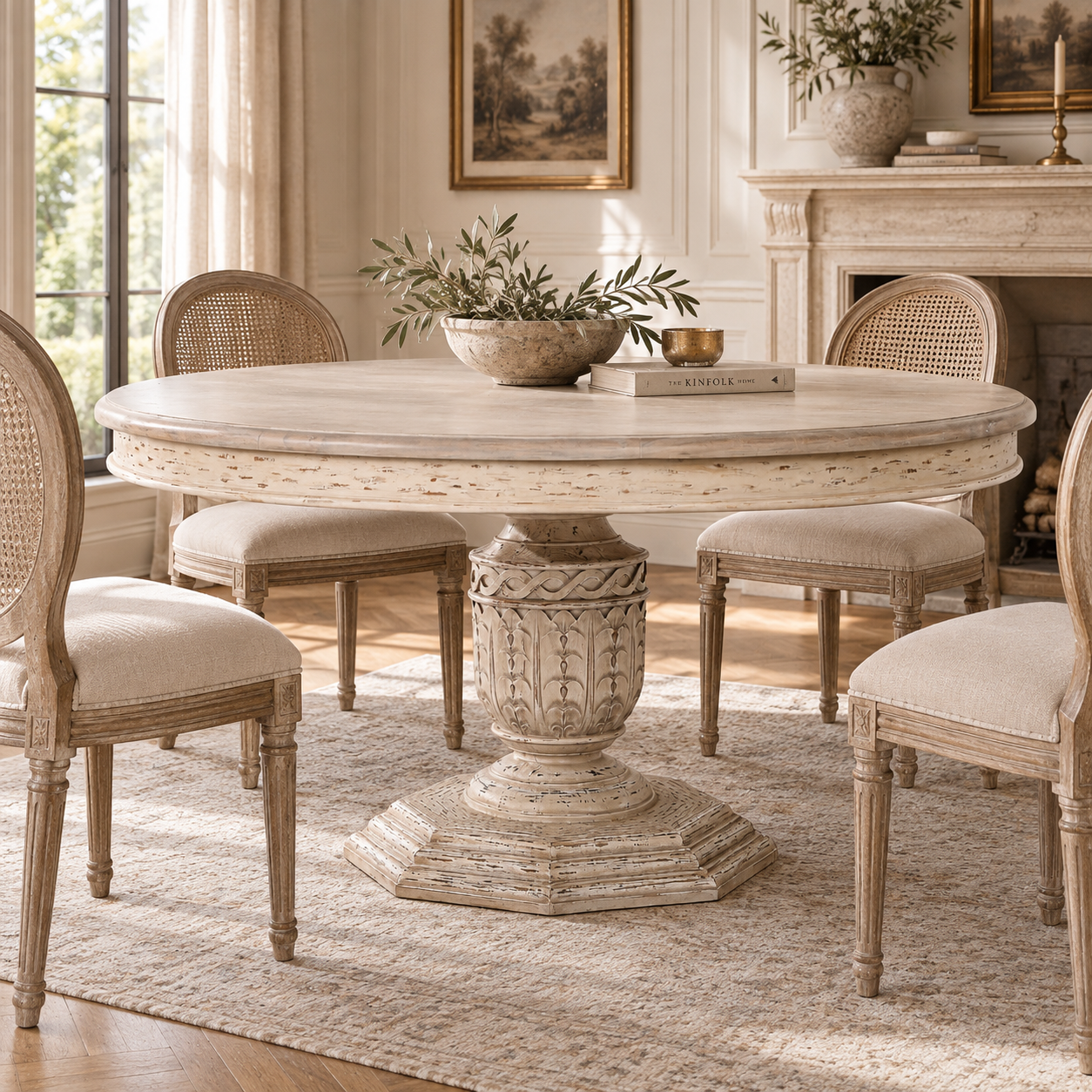 145cm round white cedar dining table with distressed finish and carved pedestal base in a classic room with fireplace.