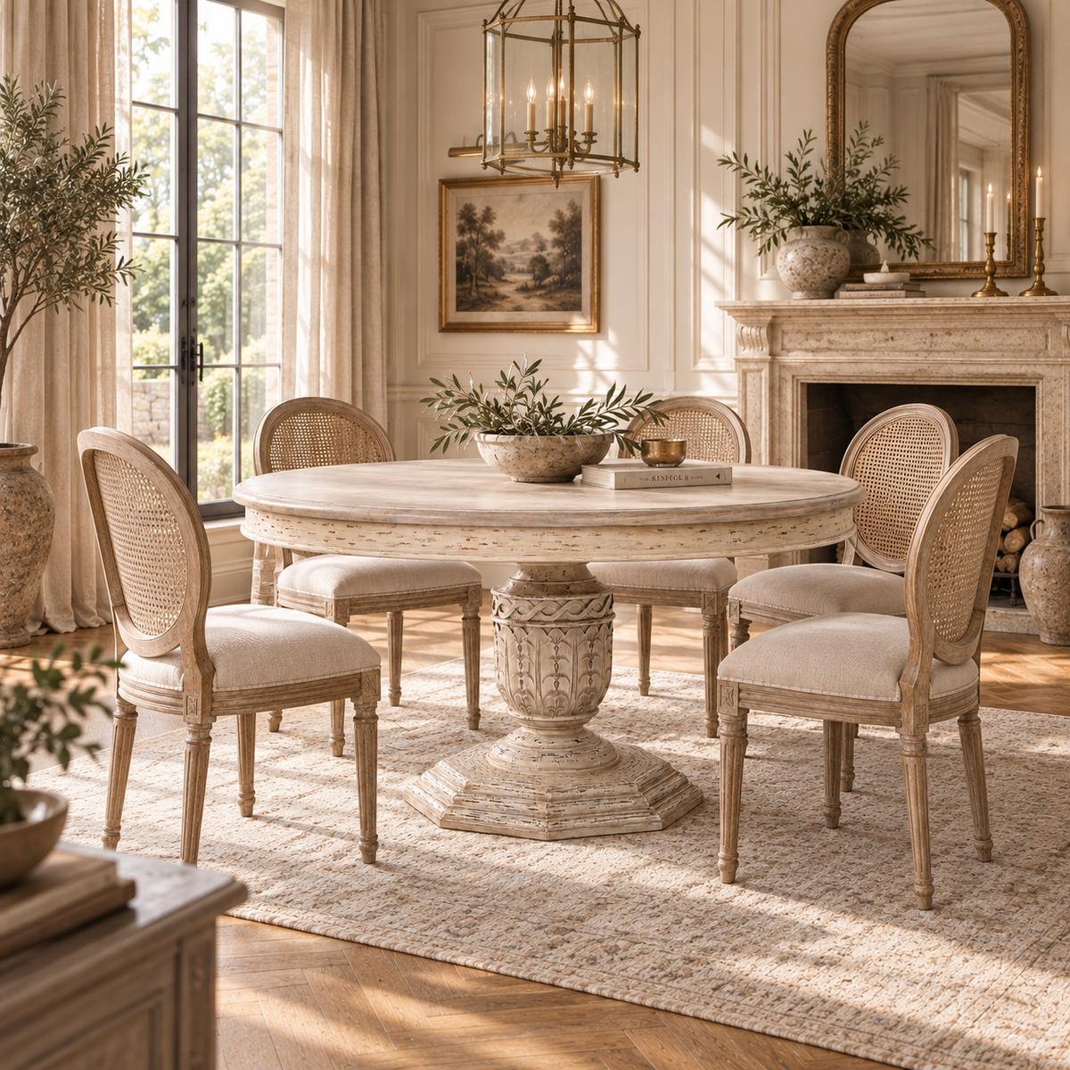 Round white cedar pedestal dining table for 6 in a sunlit classic dining room with cane chairs, fireplace and chandelier.