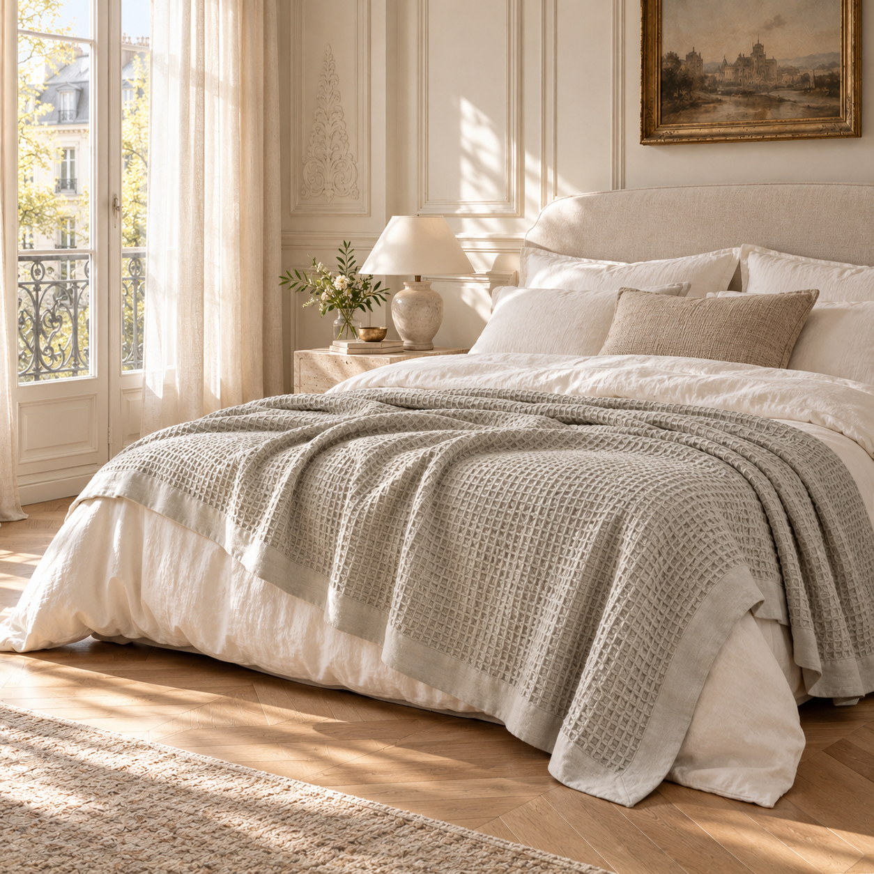 Léna oversized stone cotton throw layered across a cream bed in a sunlit Parisian bedroom with tall windows.