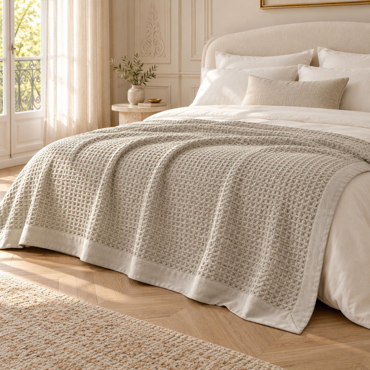 Léna stone waffle weave cotton throw draped over white bedding in a bright neutral Parisian bedroom.
