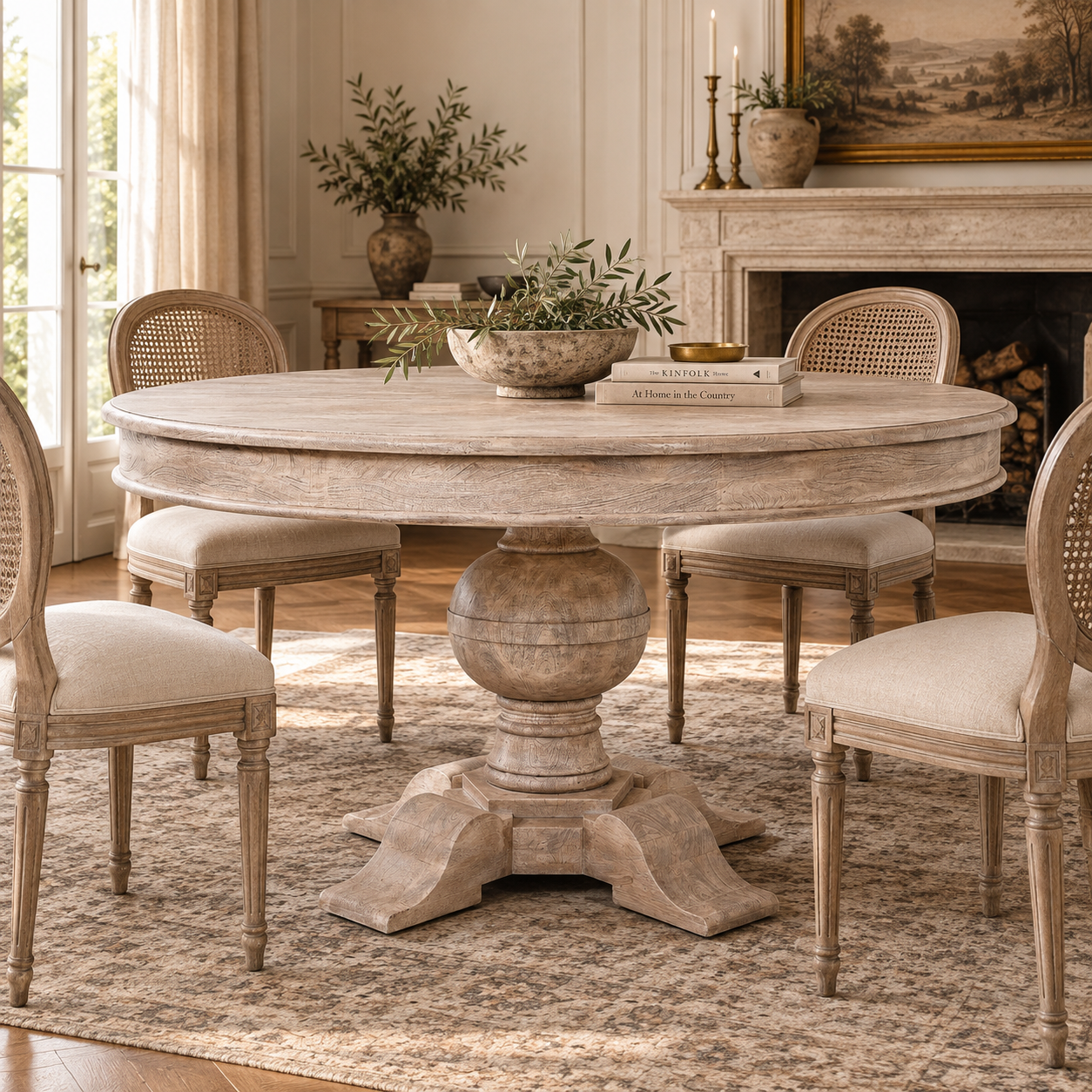139cm round rustic washed acacia wood dining table for 5 with ball pedestal, cane chairs and stone fireplace.