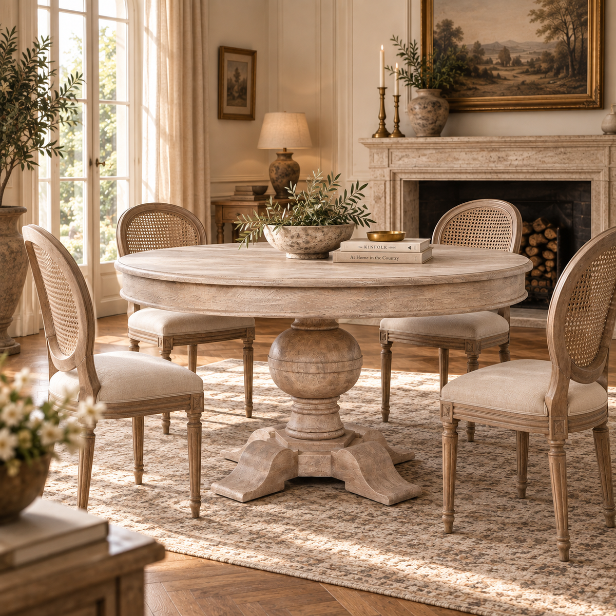 Rustic acacia wood round ball pedestal dining table in a sunlit dining room with cane chairs, rug and fireplace.