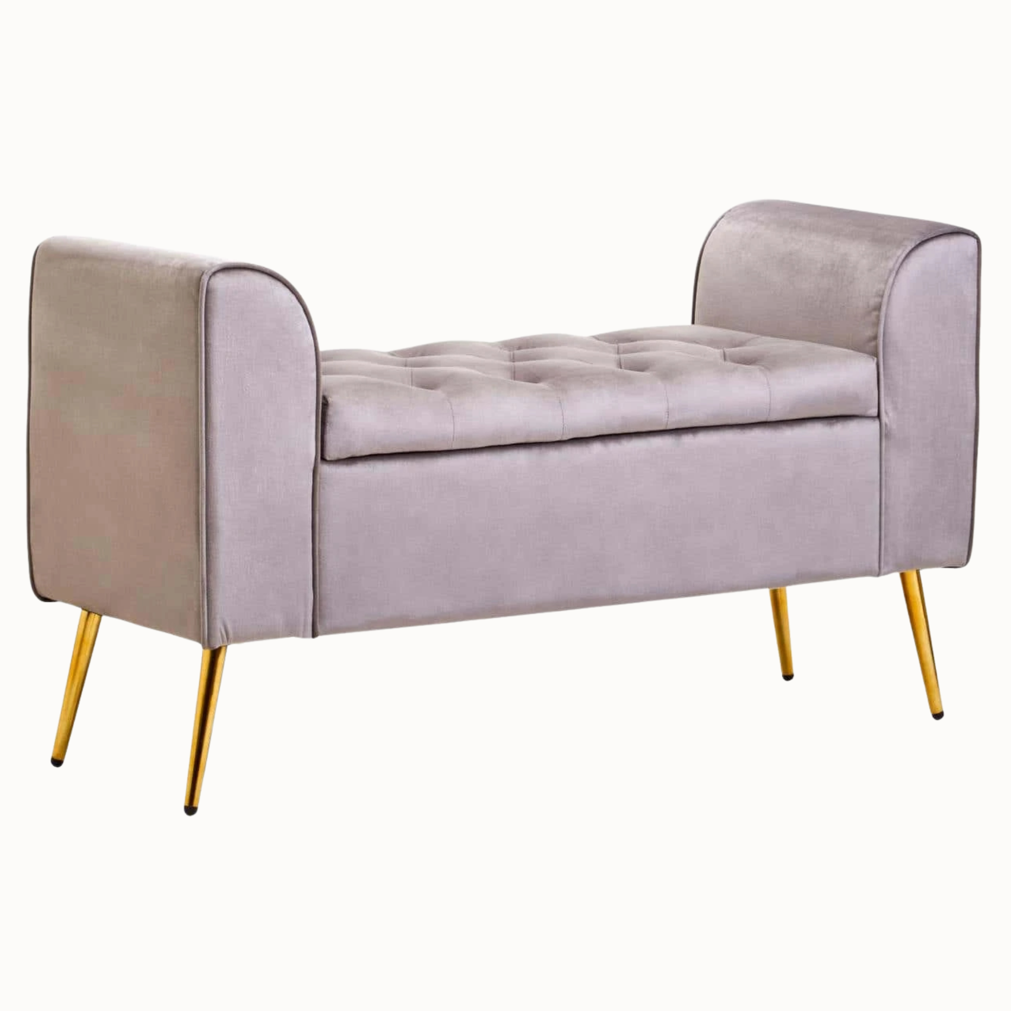Lucien 111cm mink velvet ottoman storage bench with tufted seat and gold iron legs on a plain white background.