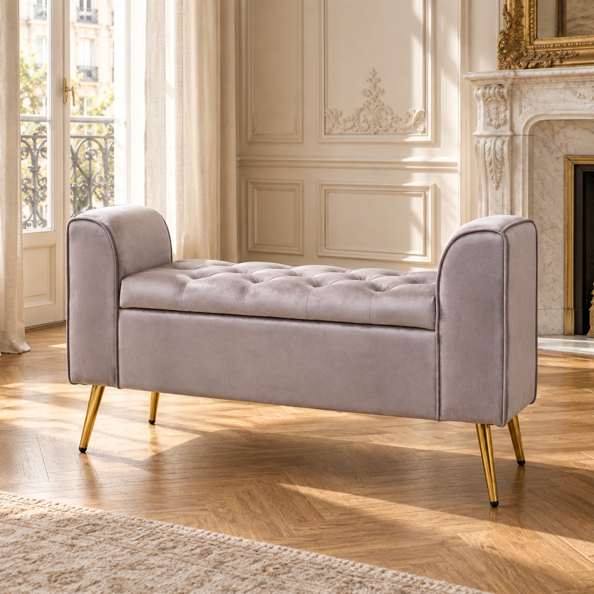 Lucien 111cm mink velvet storage bench with tufted seat and gold legs in an elegant Parisian room with fireplace.