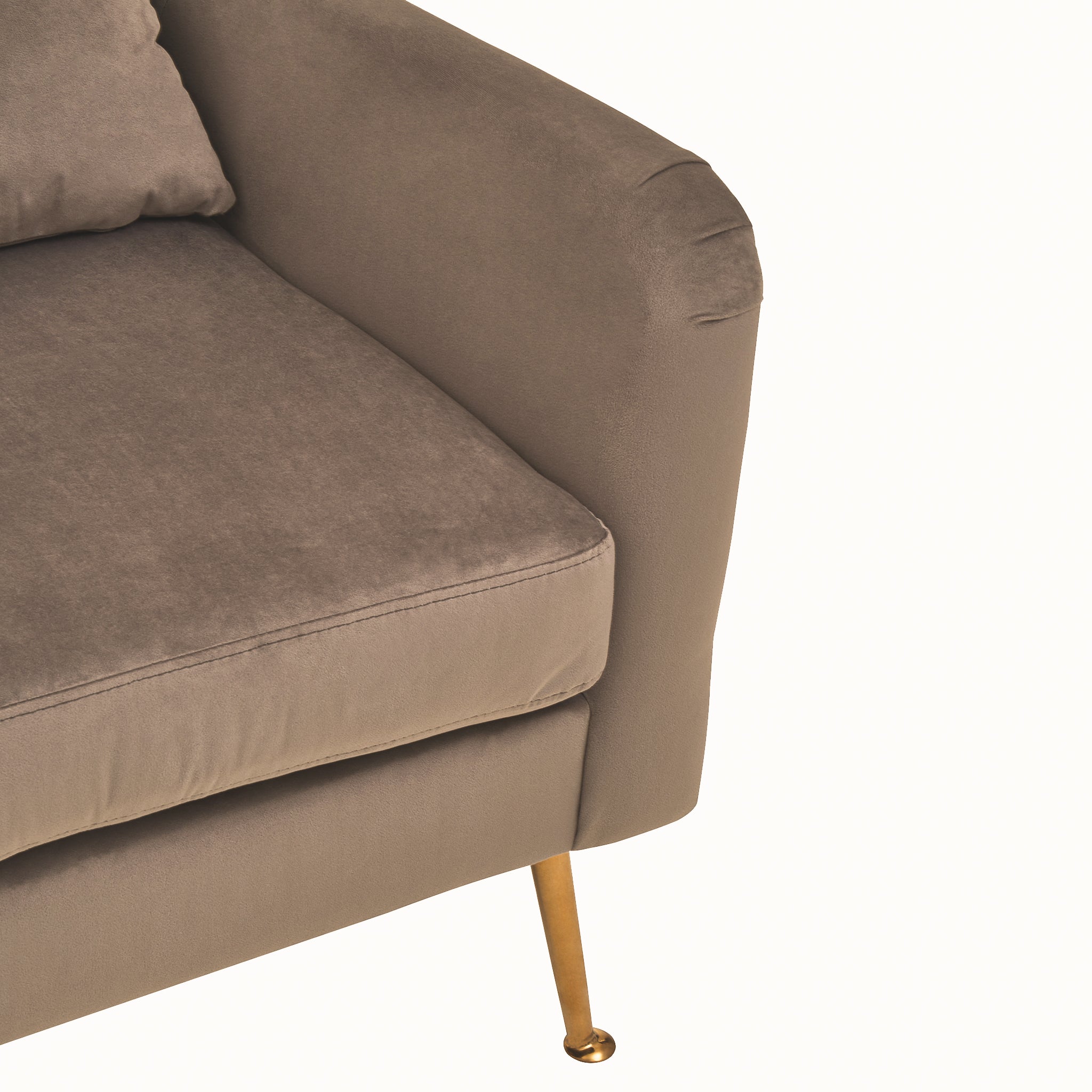 Close-up of the Lucien Grey Velvet High-Back Accent Chair with Angular Gold Legs highlighting the generously padded seat cushion, supportive armrest, soft grey velvet upholstery and elegant tapered gold leg.