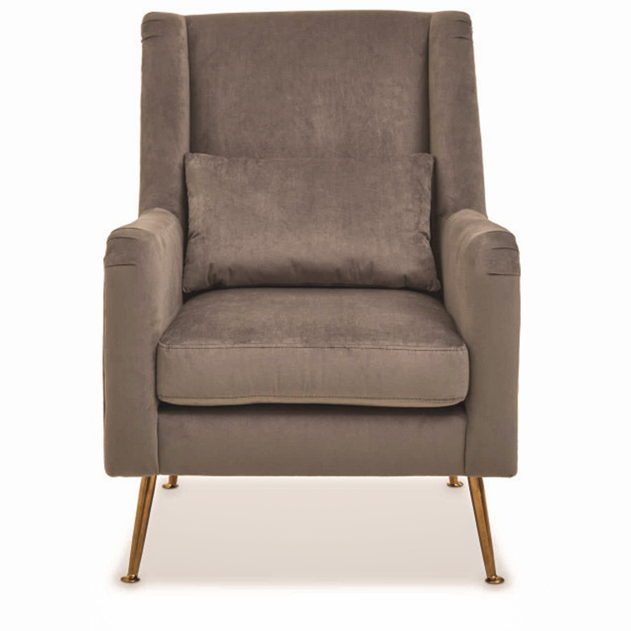 Straight-on front elevation of the Lucien Grey Velvet High-Back Accent Chair with Angular Gold Legs highlighting plush velvet upholstery, generously padded seat, matching cushion and modern angular gold legs.