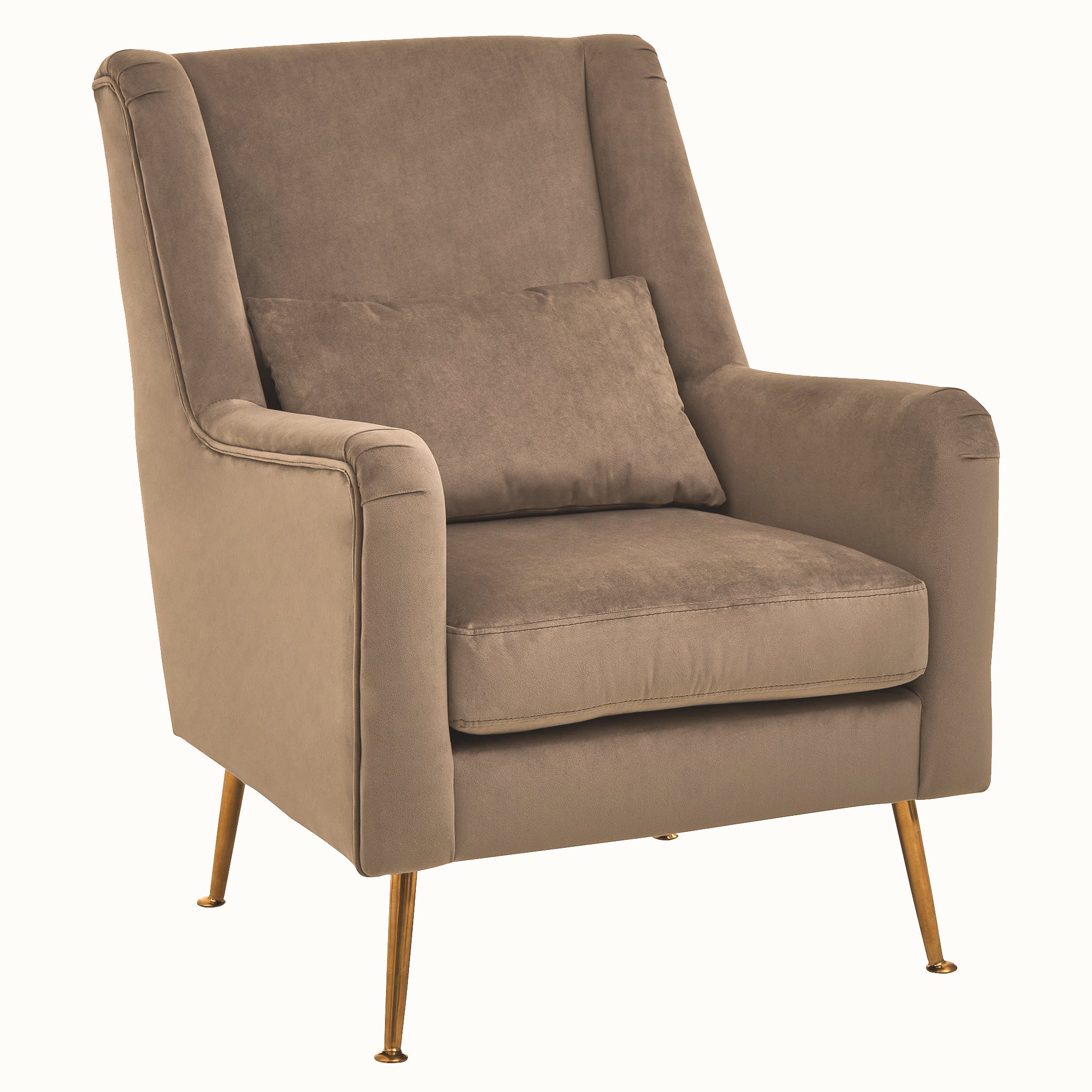 Three-quarter front view of the Lucien Grey Velvet High-Back Accent Chair with Angular Gold Legs showcasing gently sloped armrests, luxurious grey velvet upholstery, supportive high back and matching lumbar cushion.