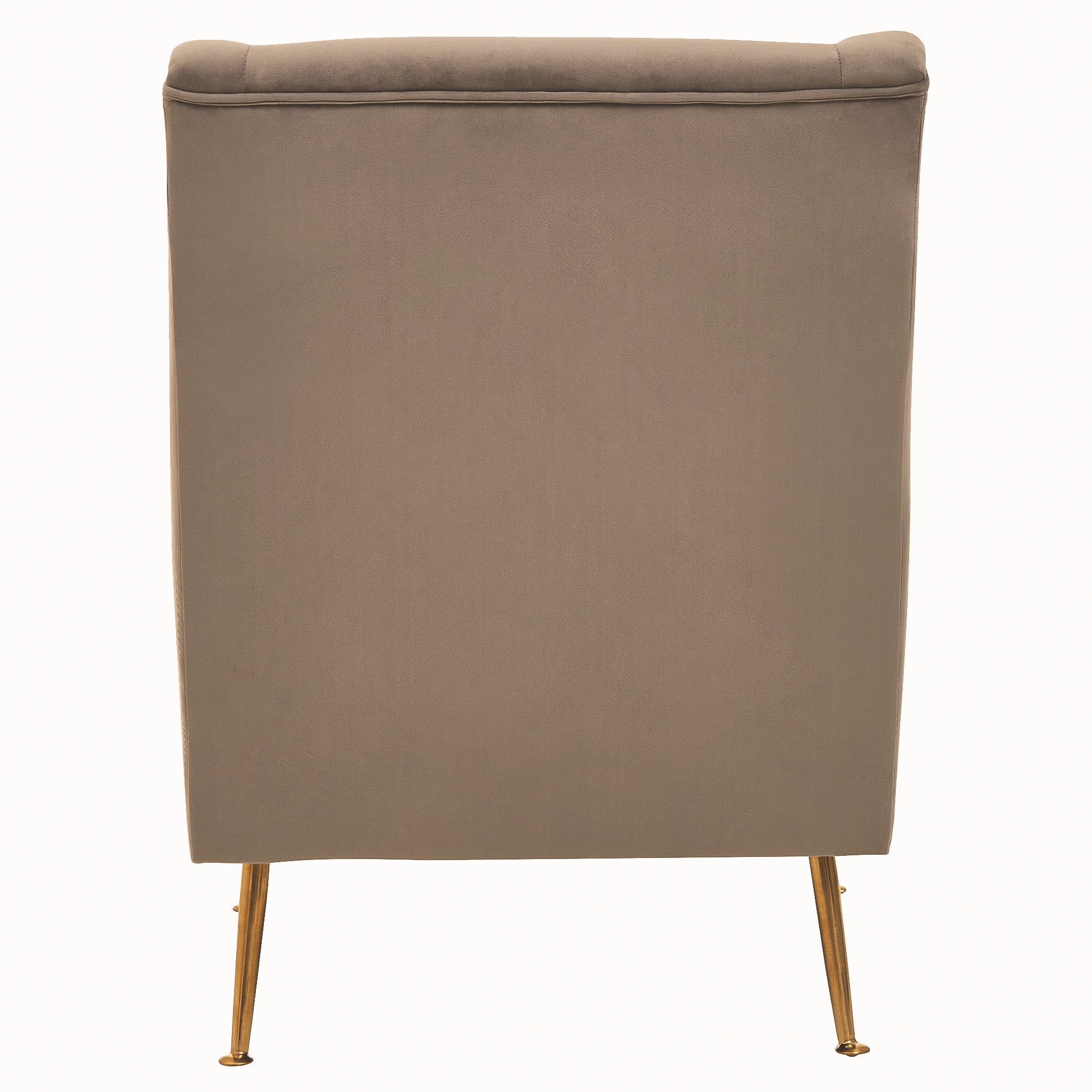 Rear view of the Lucien Grey Velvet High-Back Accent Chair with Angular Gold Legs showcasing the clean upholstered back, tailored finish, contemporary high-back silhouette and elegant angular gold legs.