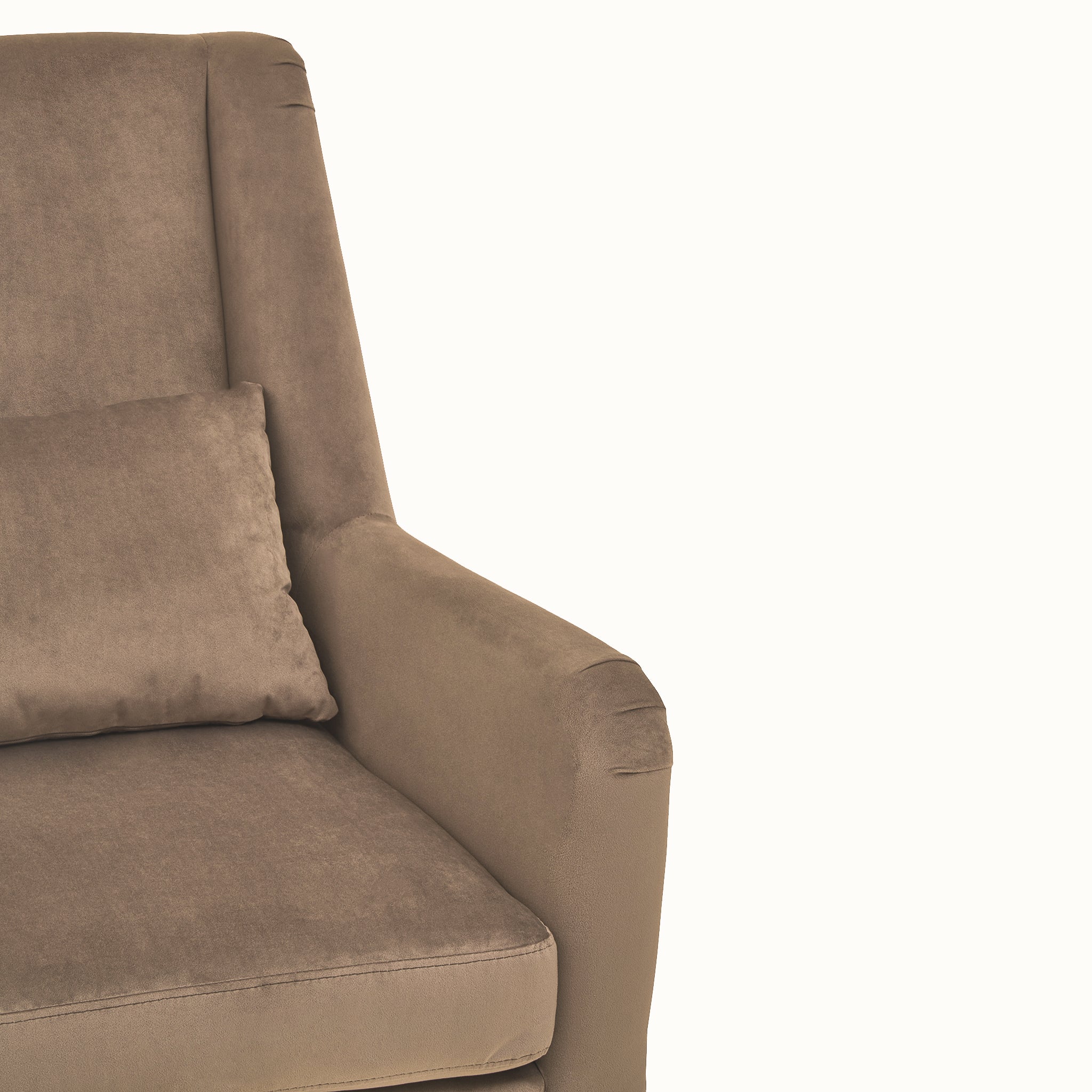 Detailed close-up of the Lucien Grey Velvet High-Back Accent Chair with Angular Gold Legs showcasing the plush upholstered seat cushion, supportive armrest, premium velvet finish and contemporary design.