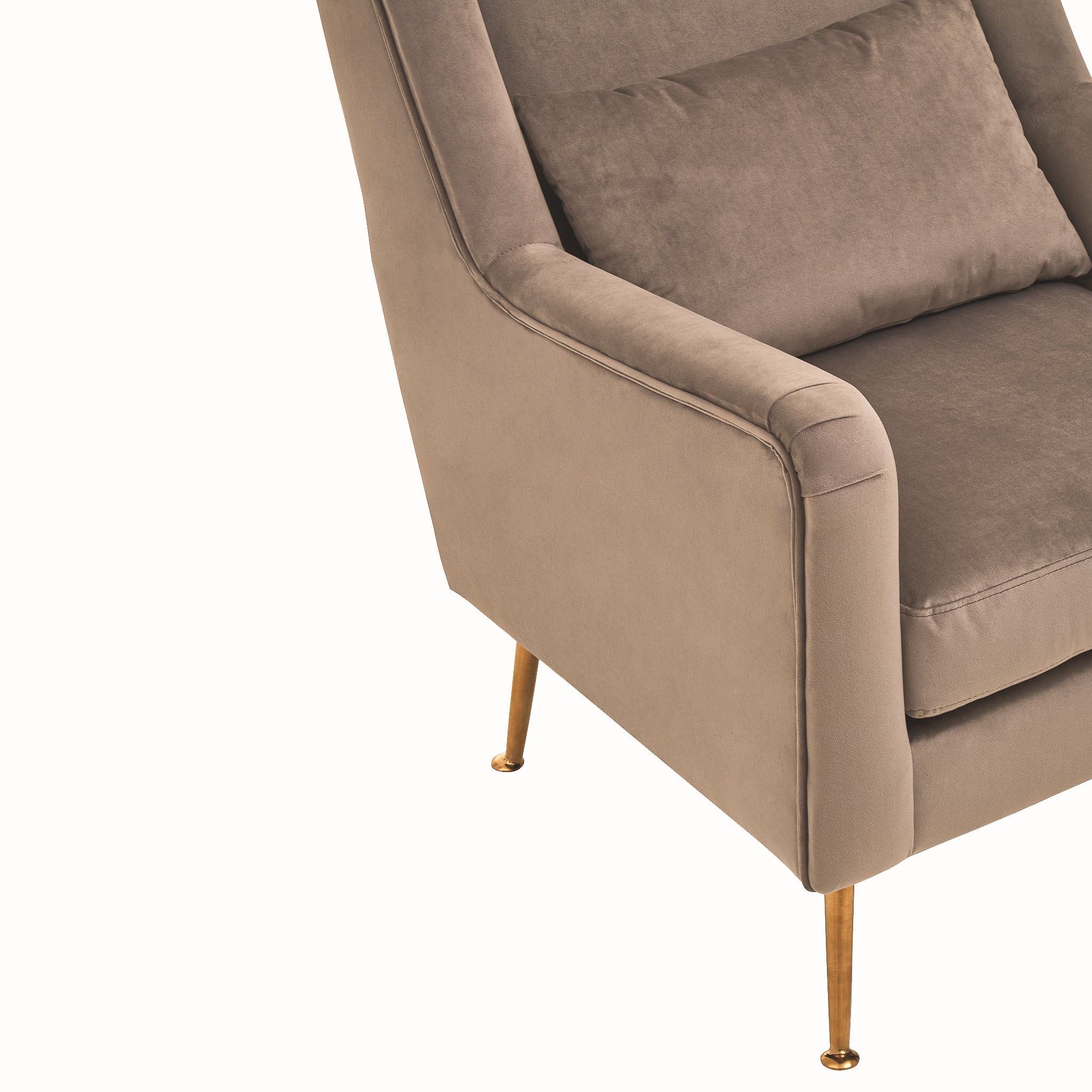Close-up side detail of the Lucien Grey Velvet High-Back Accent Chair with Angular Gold Legs highlighting premium grey velvet upholstery, tailored piping, supportive armrest and polished angular gold metal legs.
