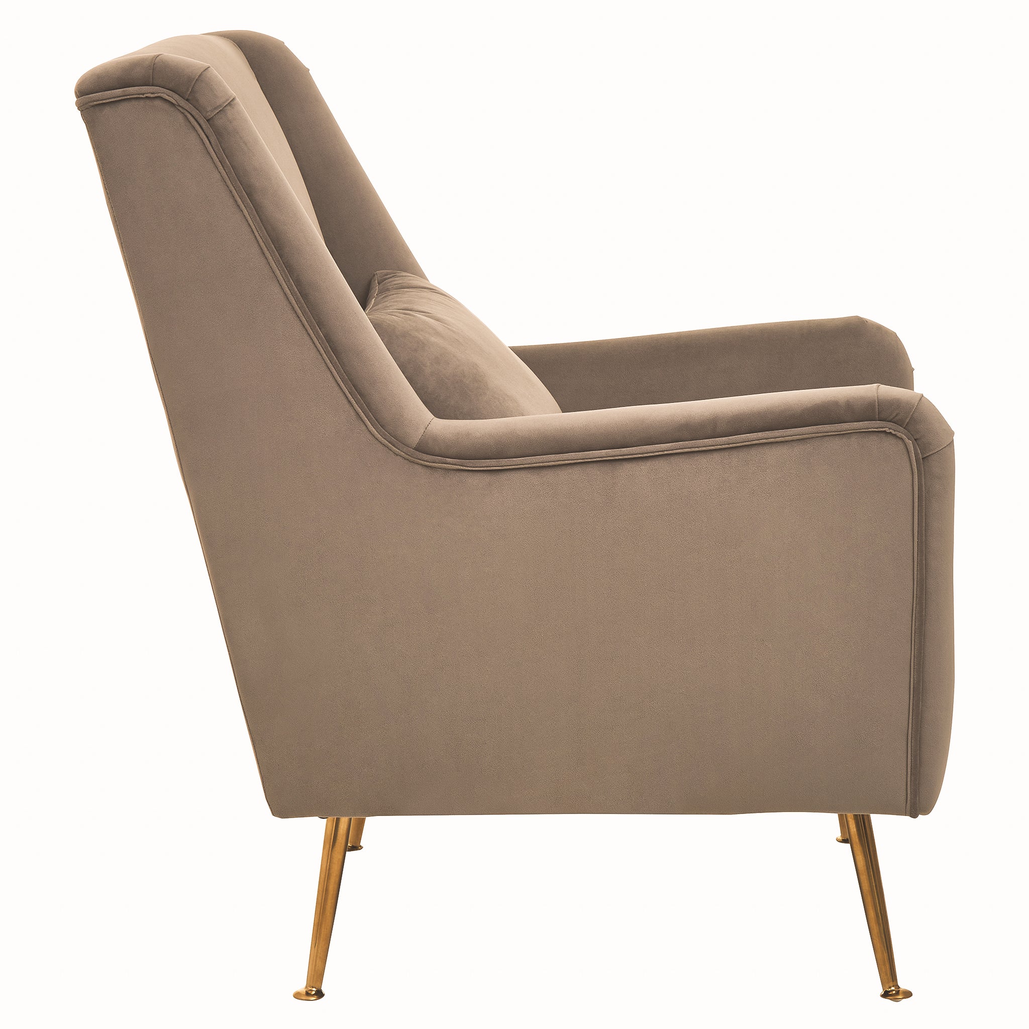 Side profile of the Lucien Grey Velvet High-Back Accent Chair with Angular Gold Legs displaying the supportive high-back silhouette, deep upholstered seat, contemporary armrests and tapered angular gold legs.
