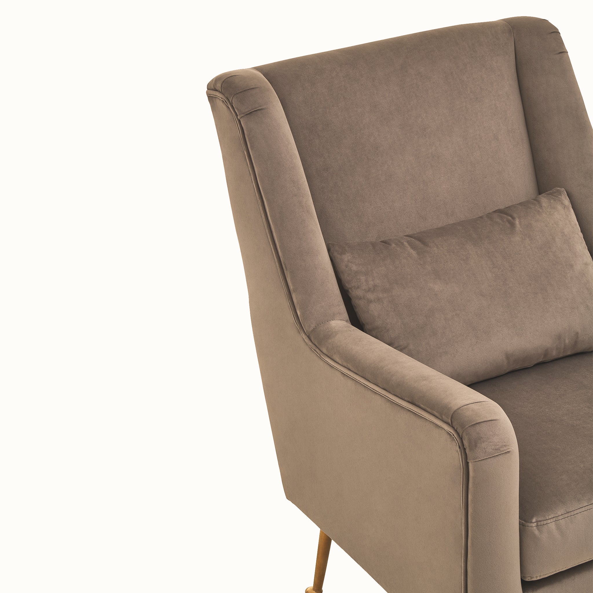 Close-up of the Lucien Grey Velvet High-Back Accent Chair with Angular Gold Legs featuring the supportive high back, soft velvet upholstery, matching lumbar cushion and refined tailored craftsmanship.