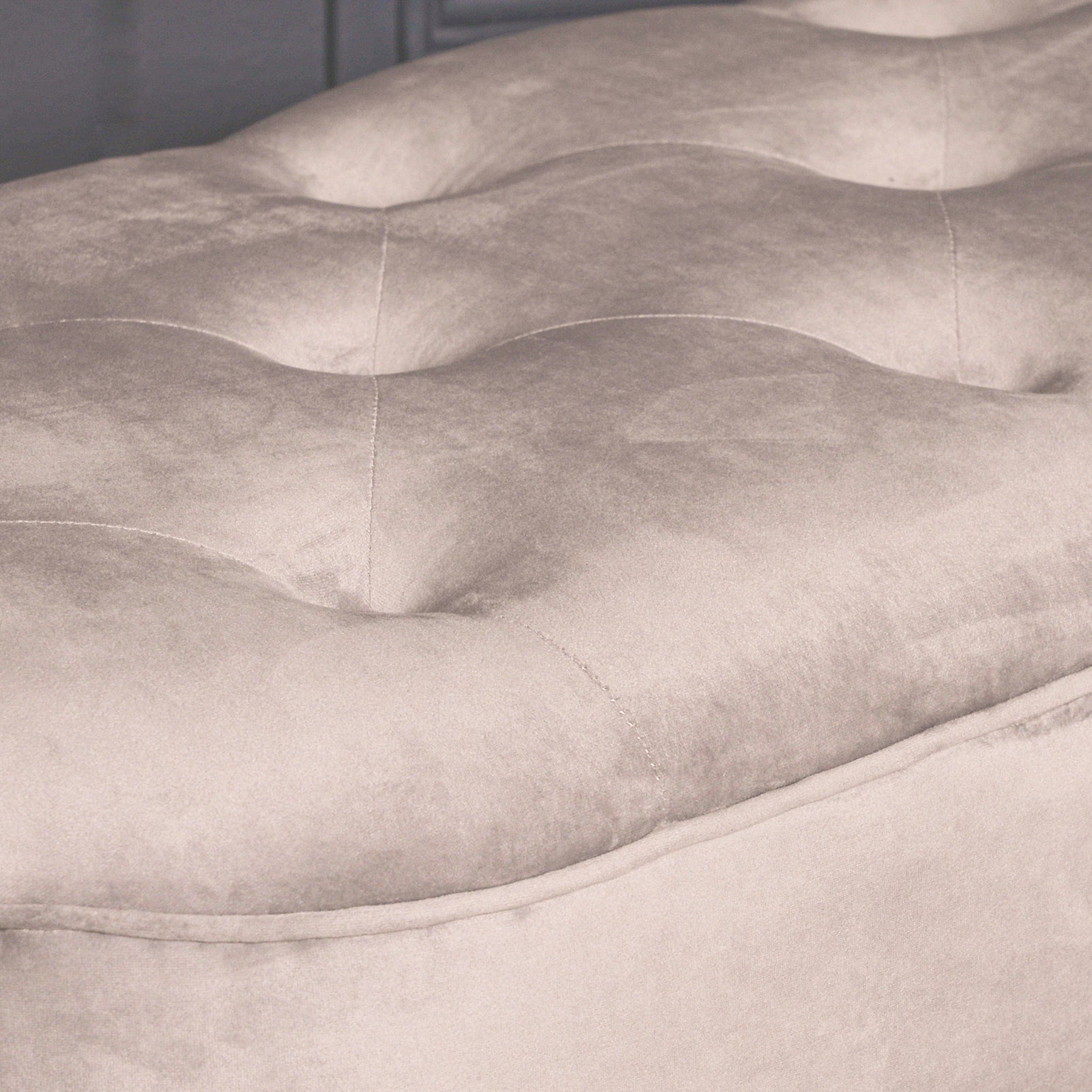 Close-up of the deep button tufted grey velvet seat on the Lucien Grey Velvet Upholstered Bedroom Bench, highlighting the plush upholstery, luxurious texture and premium craftsmanship.
