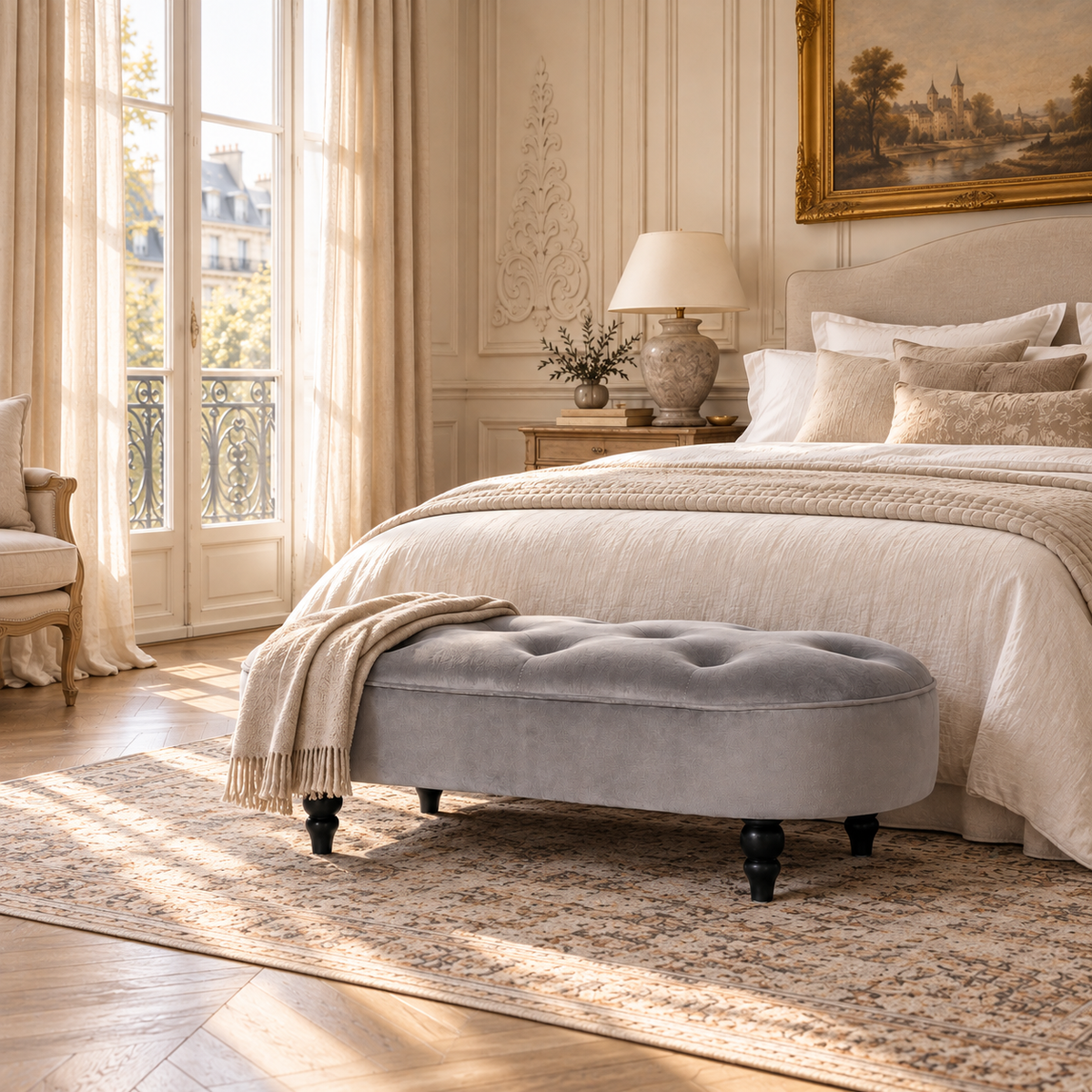 Grey velvet upholstered bedroom bench with black legs styled beside a cream bed in an elegant sunlit bedroom.
