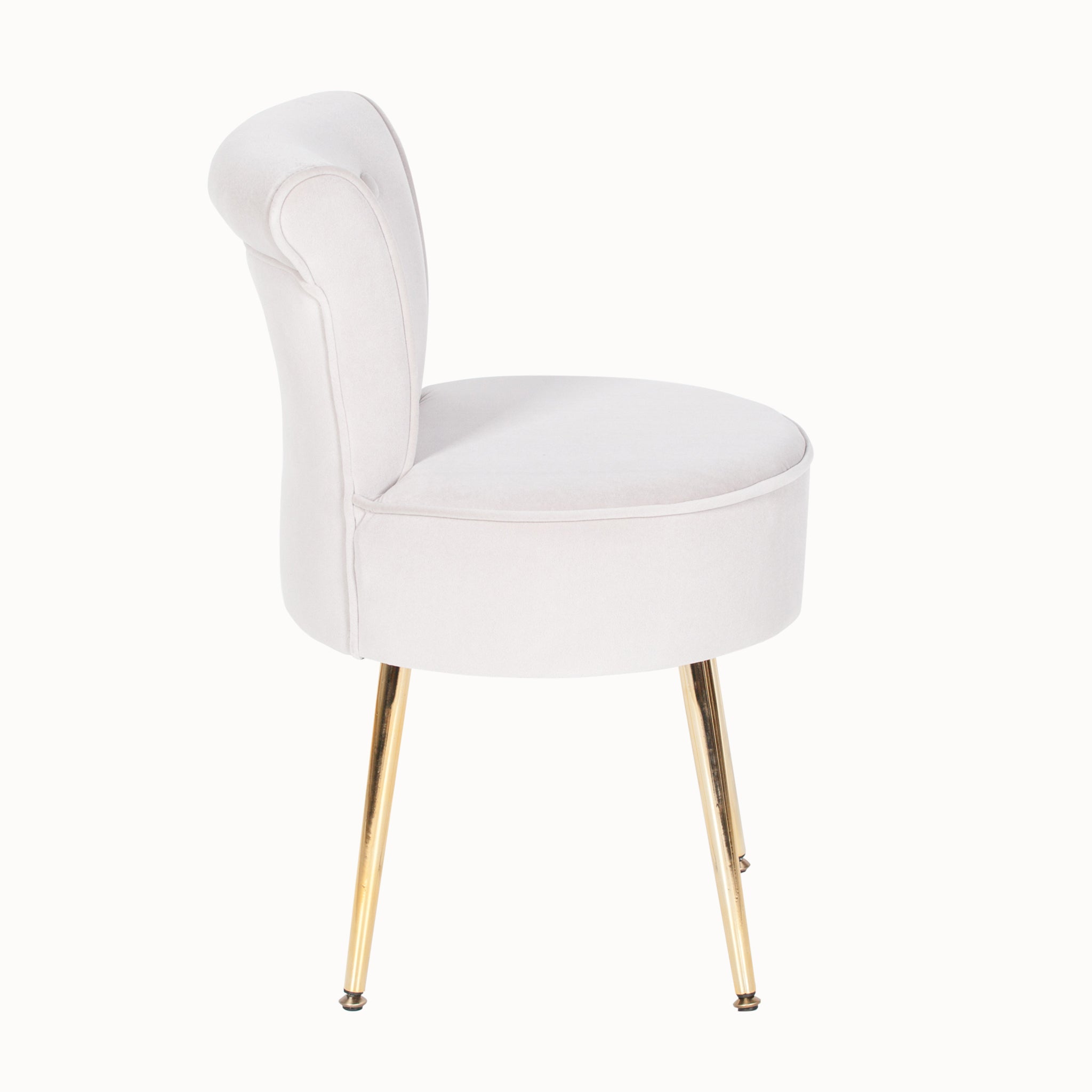 Rear side view of the Lucien Light Grey Velvet Accent Bedroom Chair with Gold-Plated Legs highlighting the sculpted wraparound backrest, premium velvet upholstery and contemporary occasional chair silhouette.