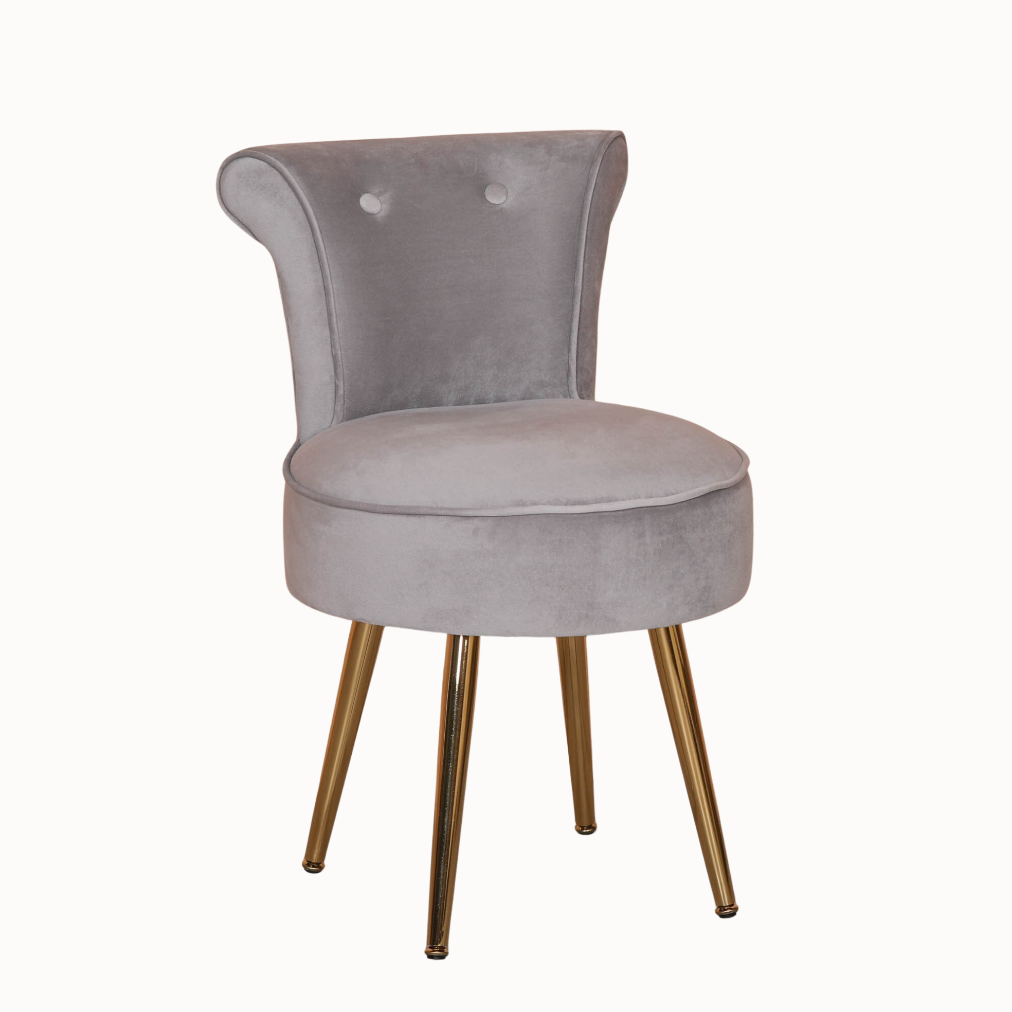Light grey velvet accent chair with gold legs and buttoned wingback shown on a plain white studio background.
