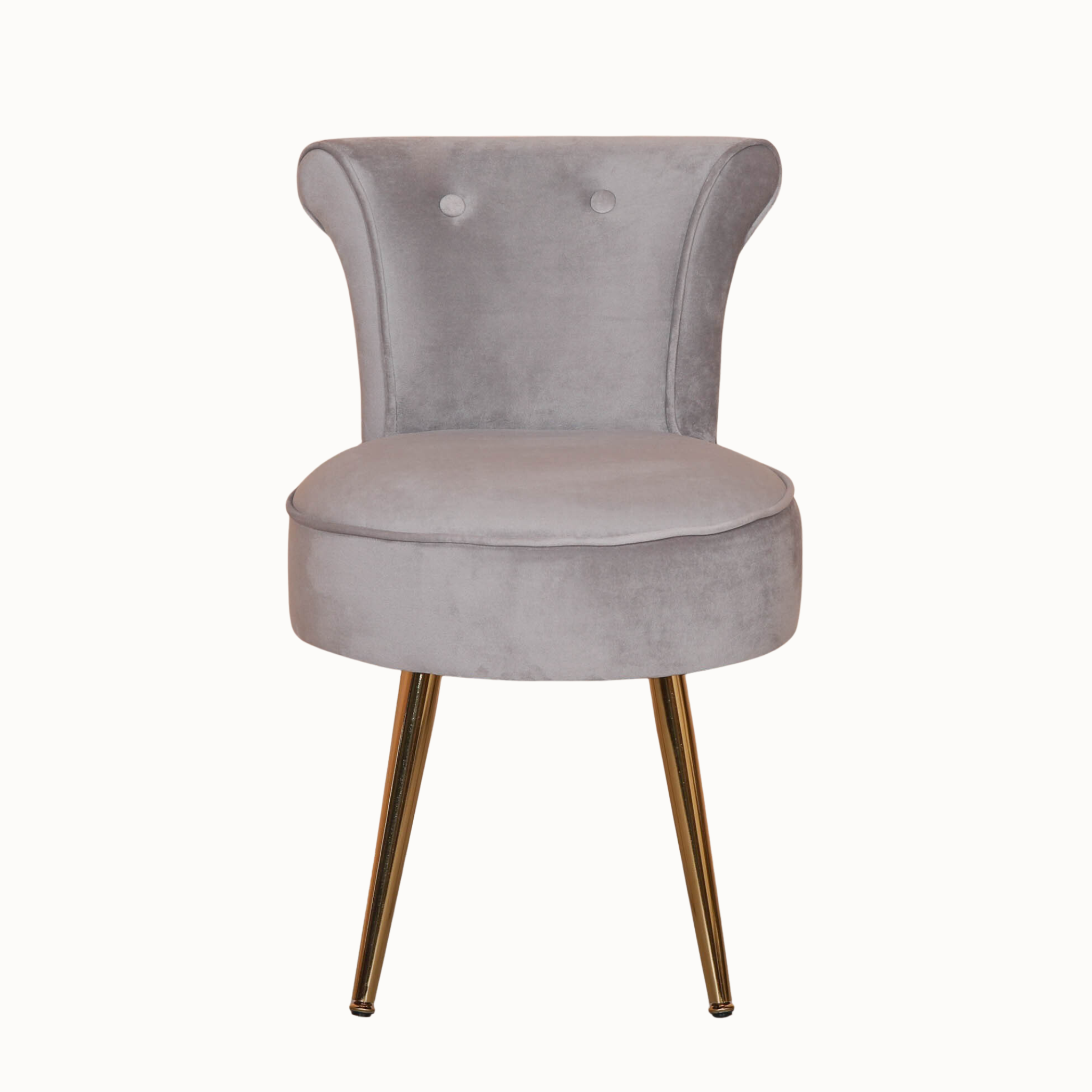 Front view of light grey velvet bedroom chair with gold legs and two-button wingback on a white background.