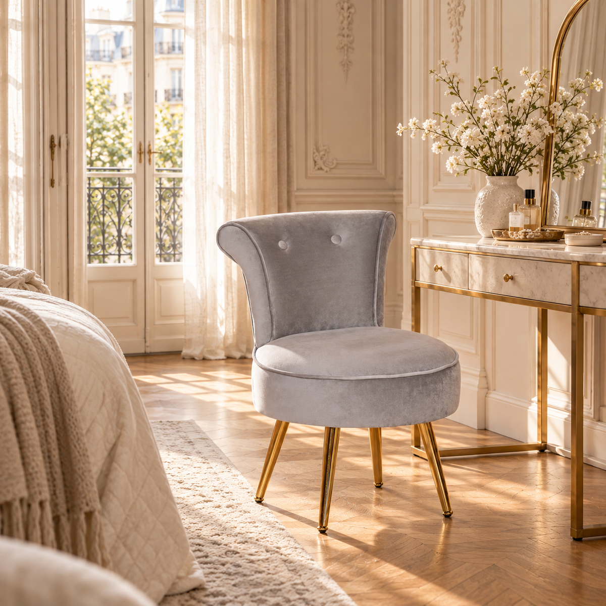Light grey velvet bedroom chair with gold legs beside a vanity in a bright bedroom with tall windows and flowers.