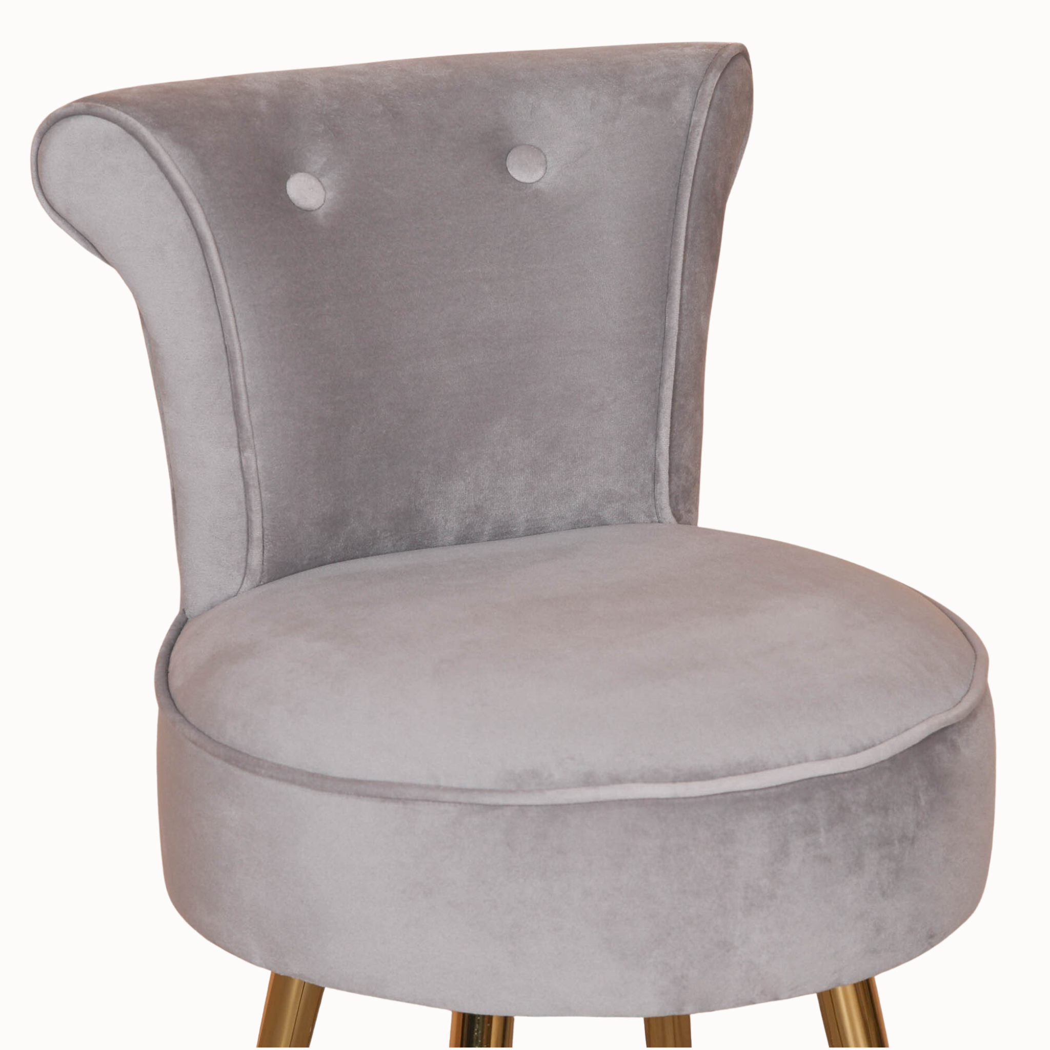 Close-up of Lucien light grey velvet chair with two-button wingback and piped edges on a plain white background.