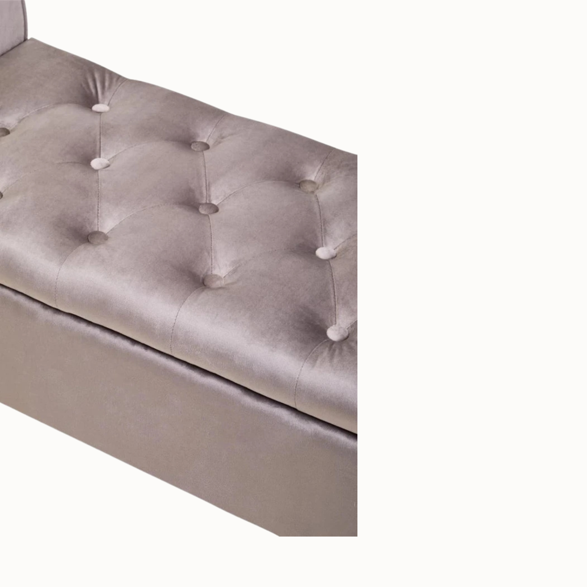 Close-up of Lucien mink velvet ottoman bench showing the button-tufted seat on a plain white background.