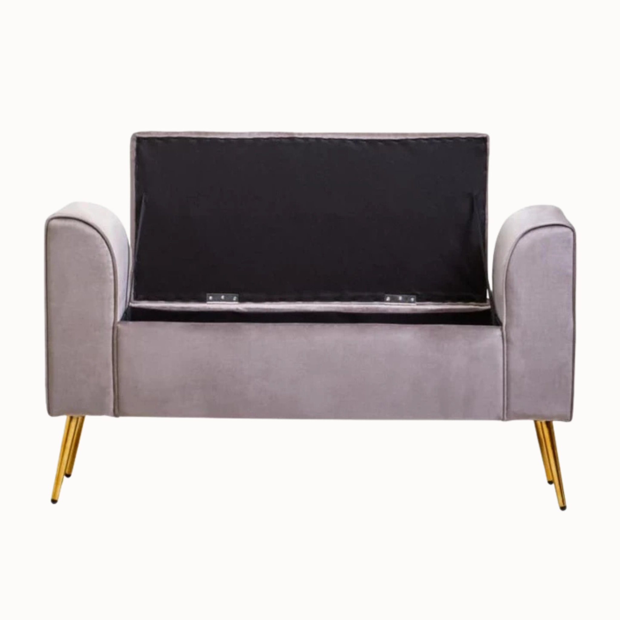 Lucien mink velvet ottoman bench shown open with hidden storage and gold iron legs on a plain white background.