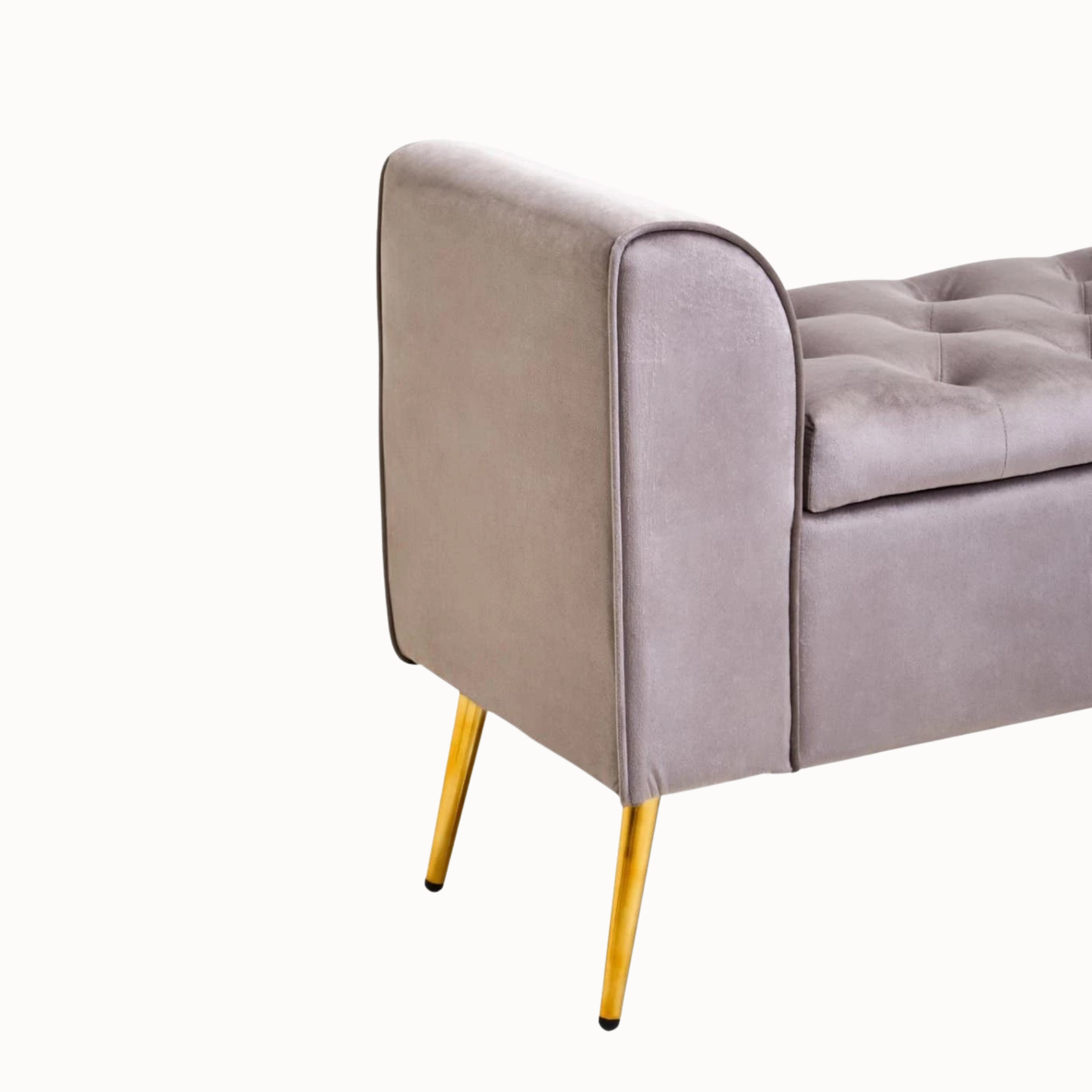Angled rear view of Lucien mink velvet ottoman storage bench with gold iron legs on a plain white background.