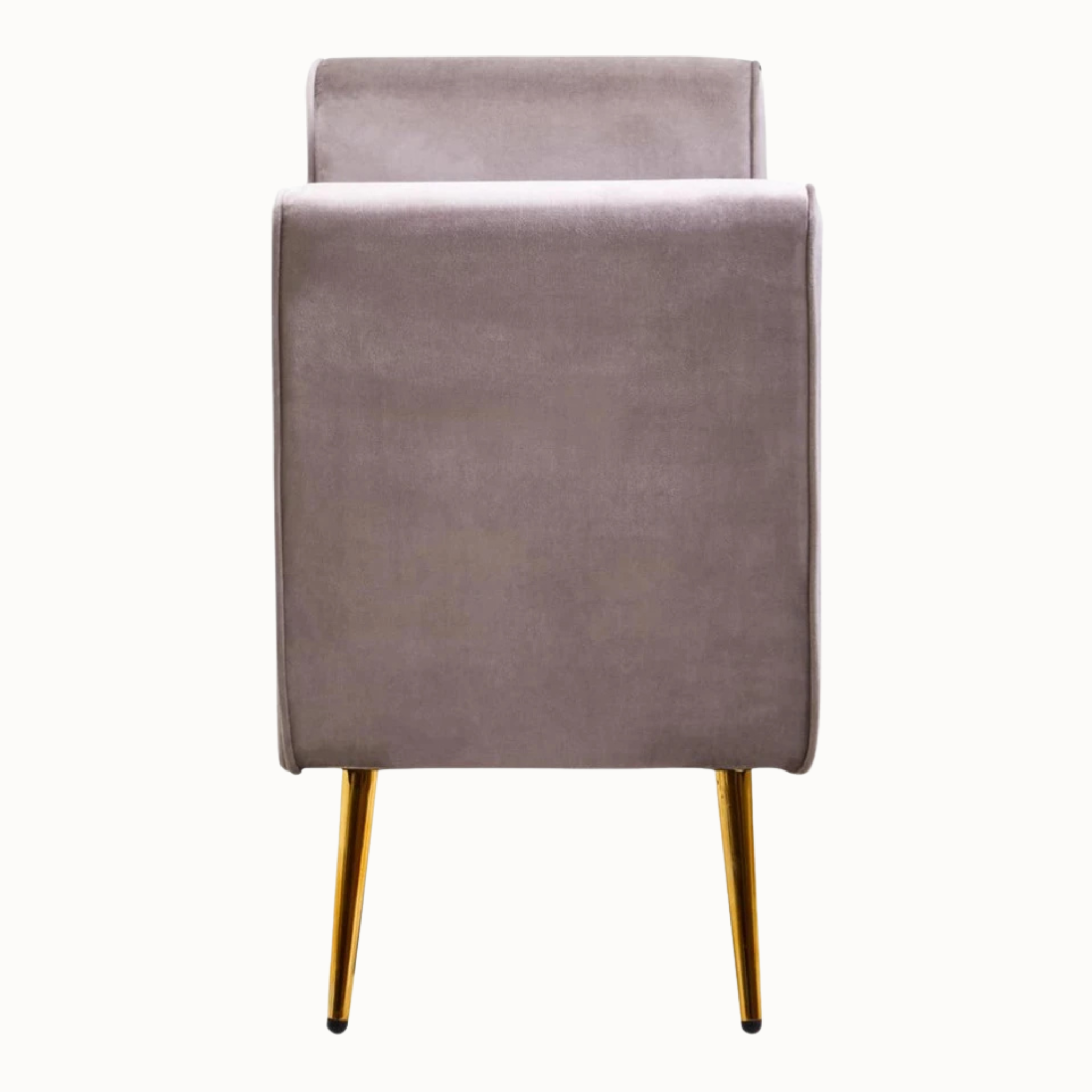 Rear view of Lucien mink velvet ottoman storage bench with gold iron legs on a plain white background.