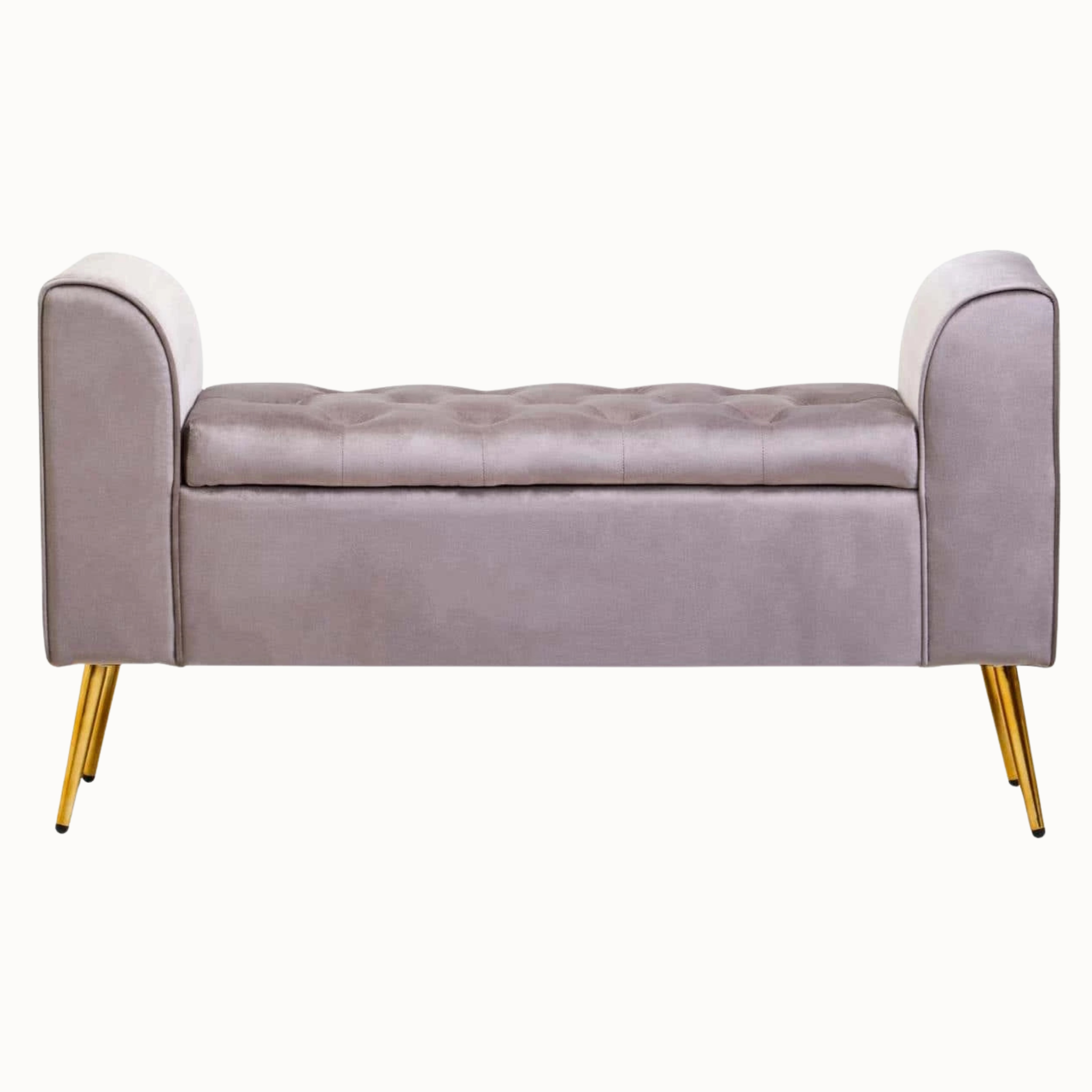 Front view of Lucien mink velvet storage bench with tufted seat and gold iron legs on a plain white background.
