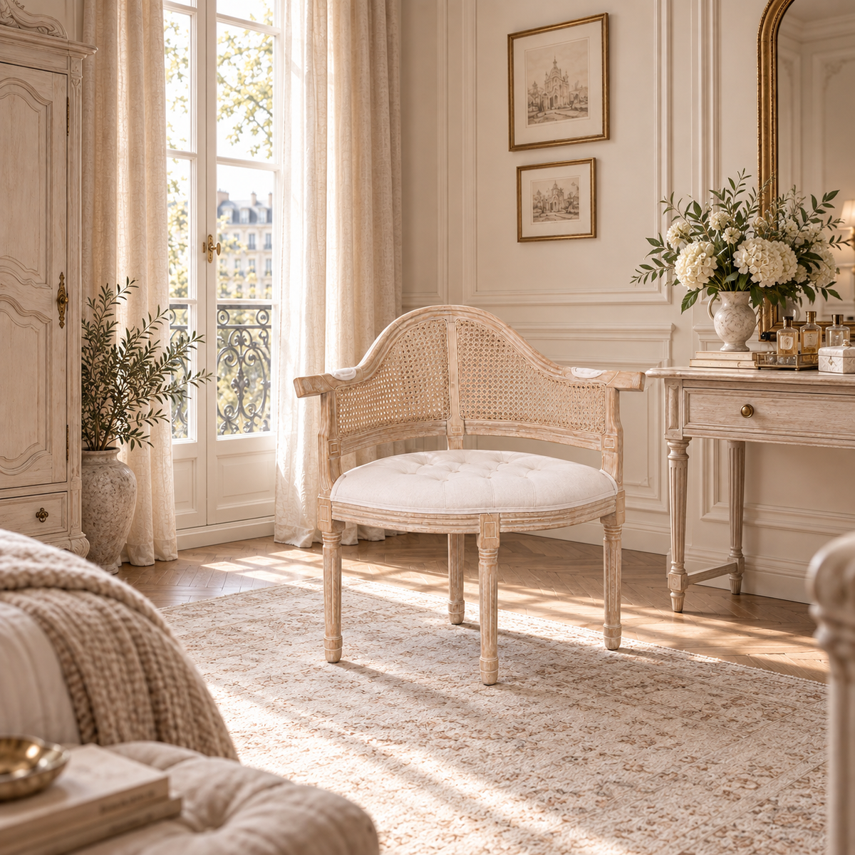 French cane corner chair with linen upholstery and washed wood frame in a Parisian bedroom with tall windows and rug.