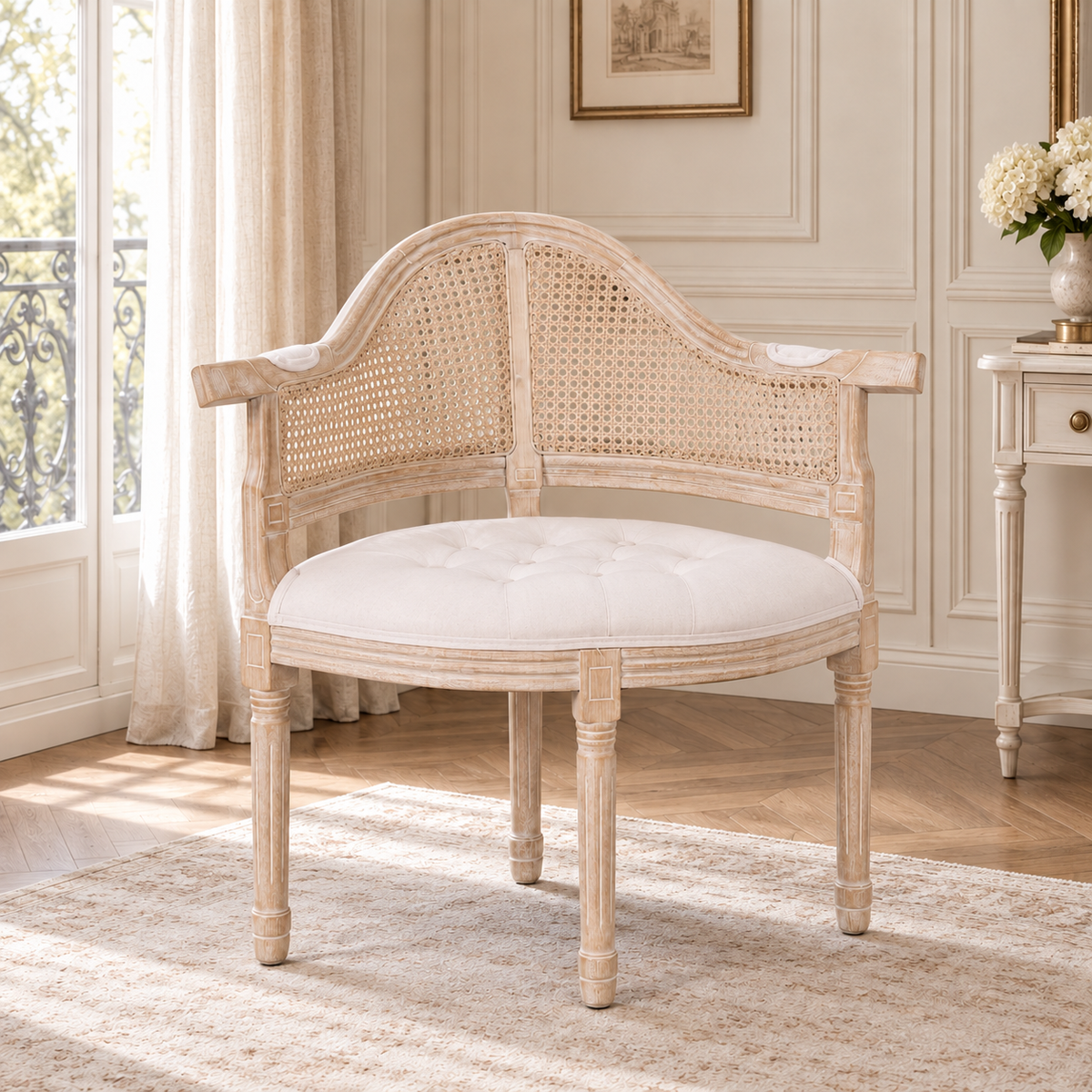 Lucienne Louis cane back corner chair with linen seat and washed wood frame in a sunlit French bedroom.