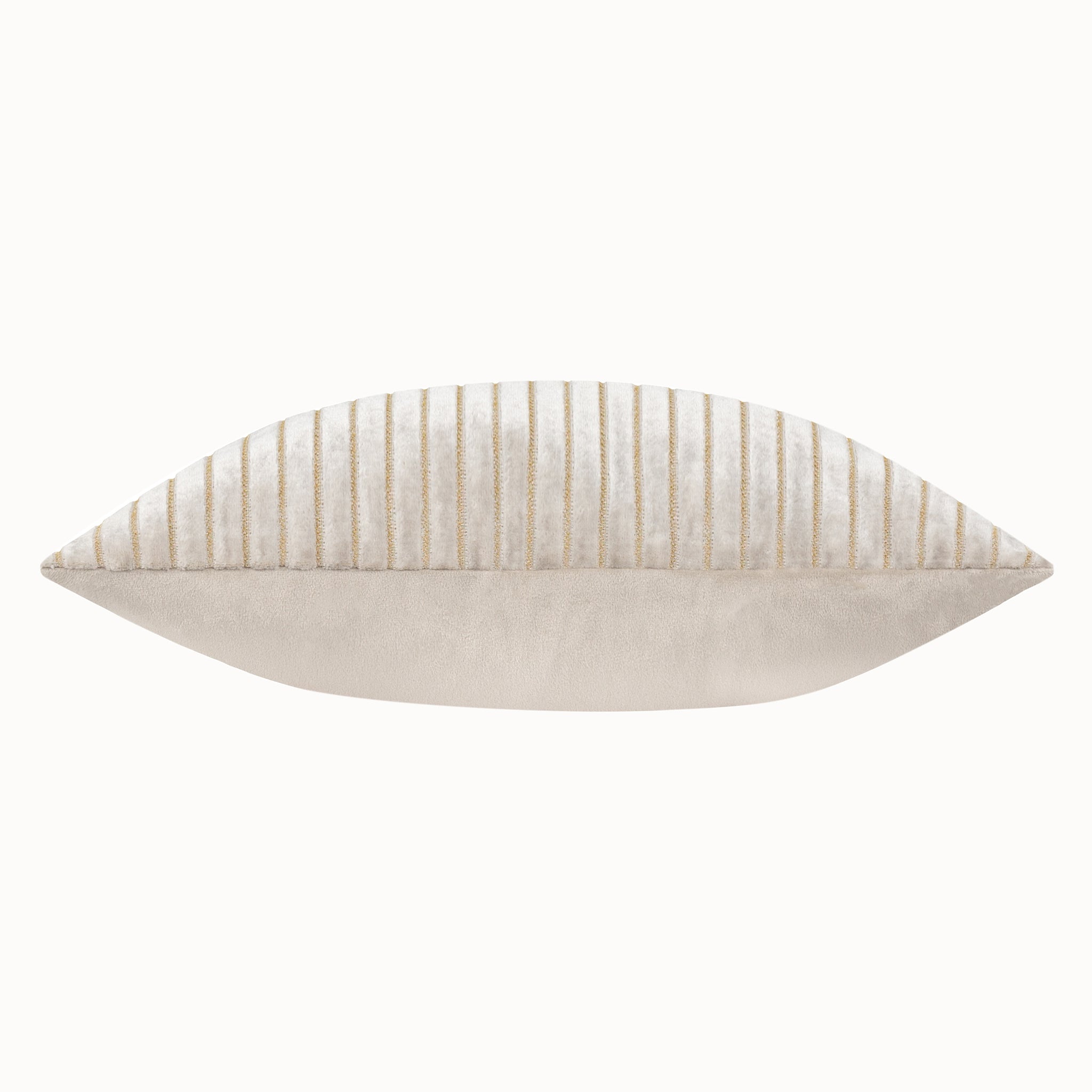 Rear view of the Maëva Cut Velvet Striped Cushion in Oyster Cream displaying the smooth plain velvet reverse with the contrasting textured striped front, offering versatile luxury cushion styling.