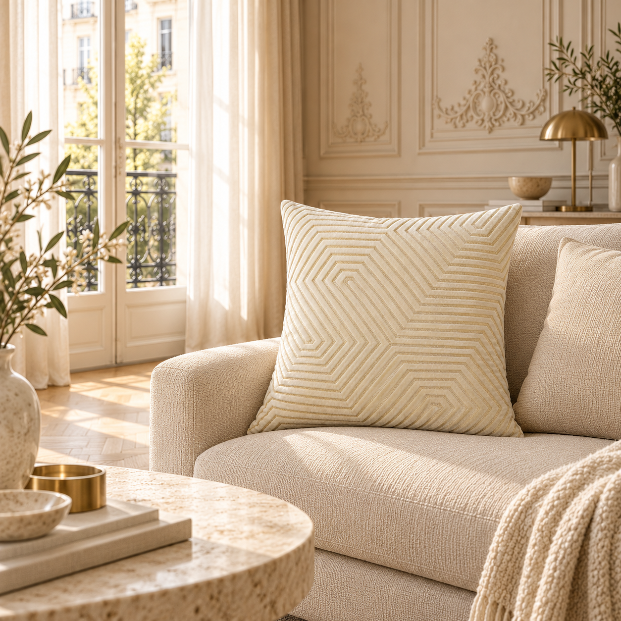 Maëva ivory geometric velvet cushion on a neutral sofa beside tall windows in an elegant Parisian living room.