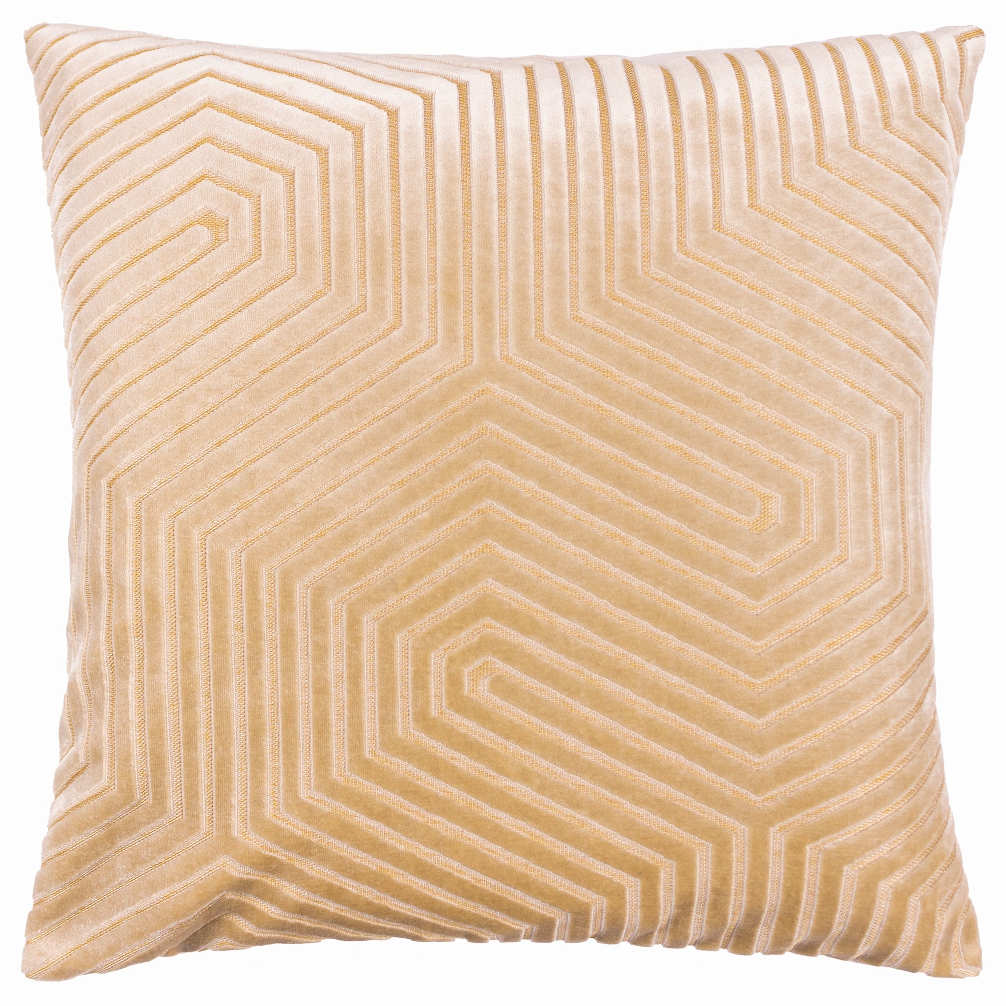 Front view of the Maëva Geometric Cut Velvet Cushion in Ivory, showing its intricate raised geometric line pattern and luxurious textured velvet finish.