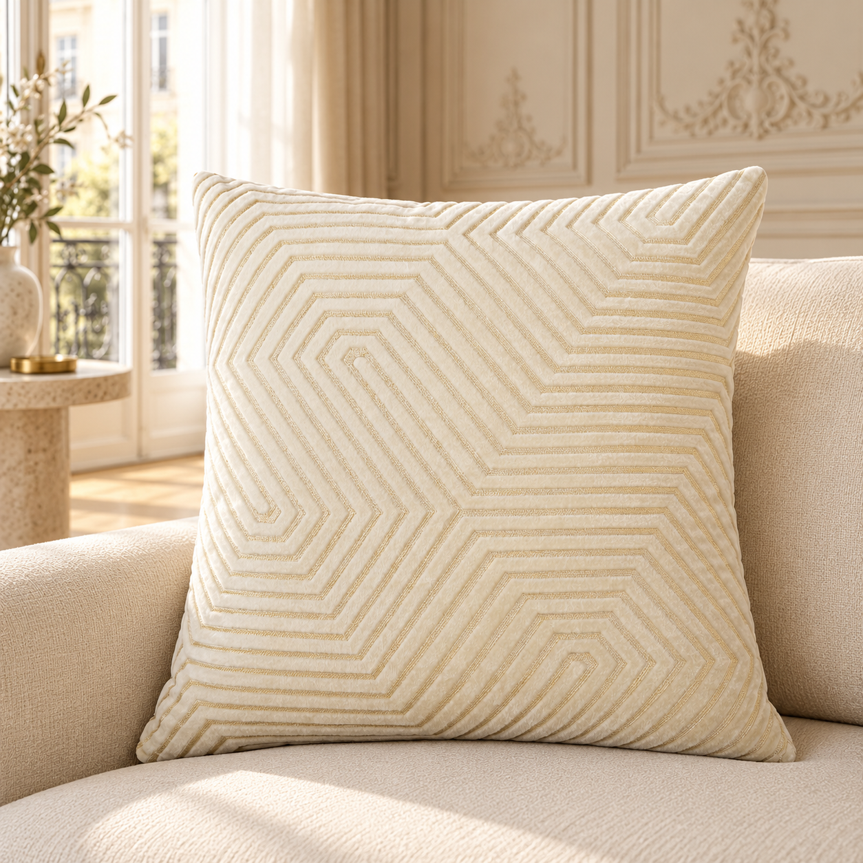 Maëva ivory cut velvet cushion with geometric pattern on a beige sofa in a bright Parisian living room.