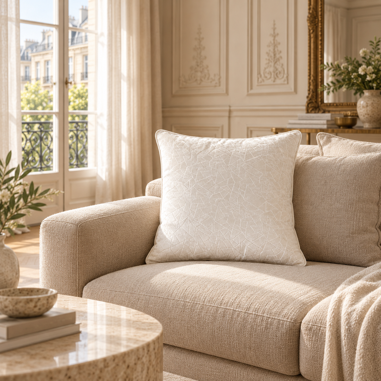 Maëva milk cream velvet cushion on a neutral sofa beside tall windows in an elegant Parisian living room.