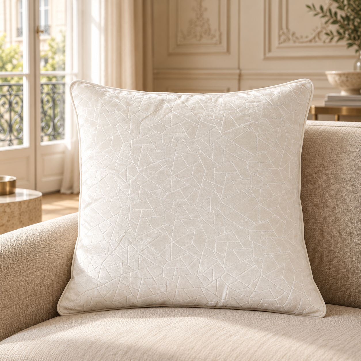 Maëva soft milk cream cut velvet cushion with piped edge on a beige sofa in a bright Parisian living room.