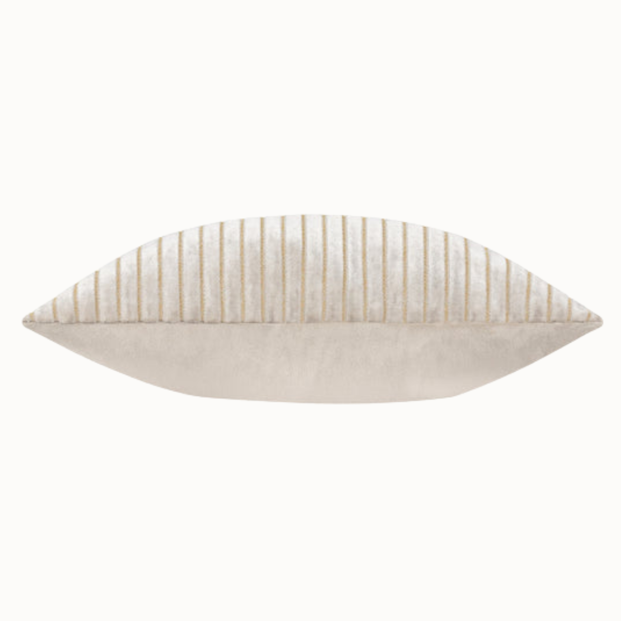 Side profile of Maëva oyster cream striped velvet cushion showing plush filling on a plain white background.