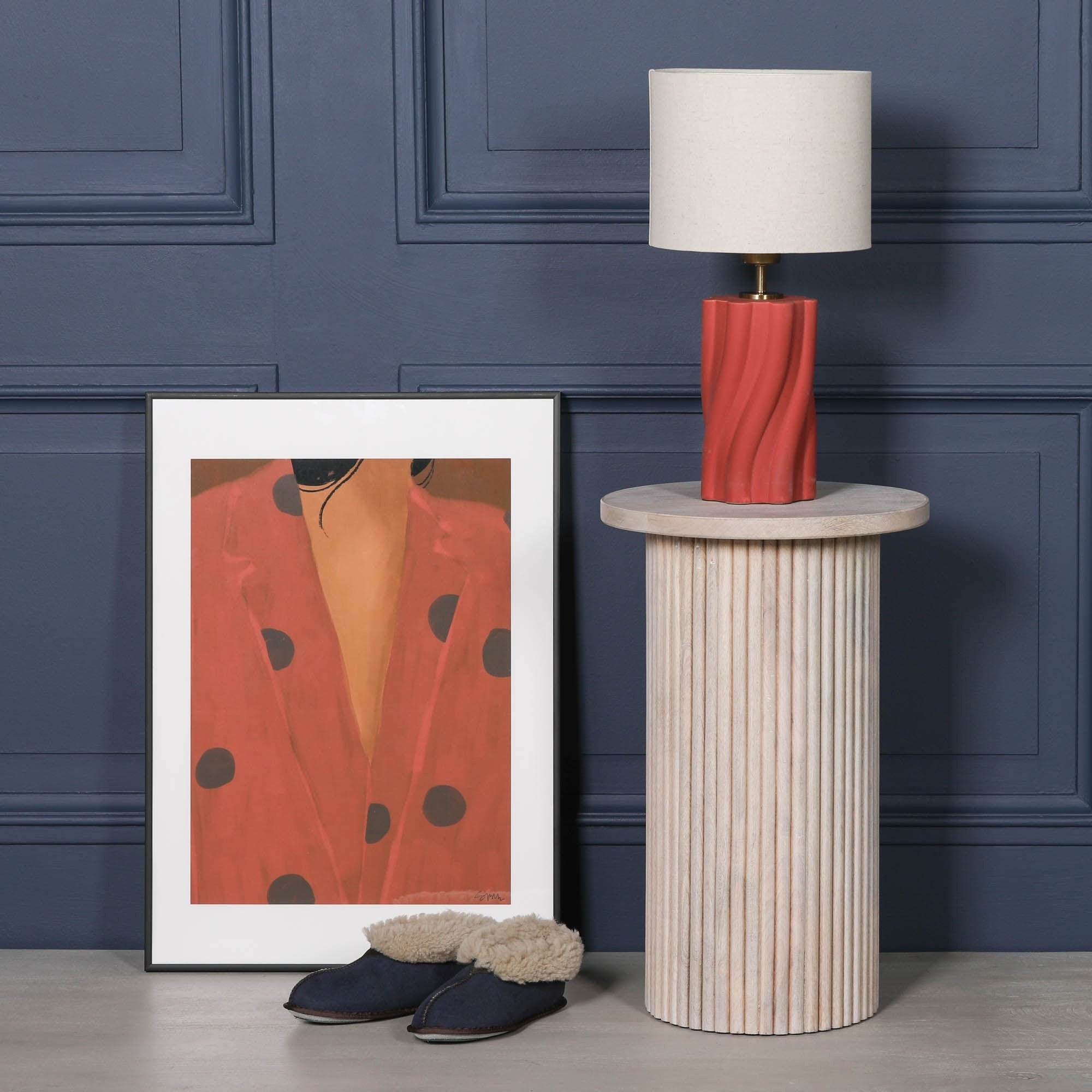 Margaux ribbed round side table in washed mango wood styled with a contemporary table lamp, demonstrating its versatility as a wooden lamp table, sofa side table or hallway accent table in modern interiors.