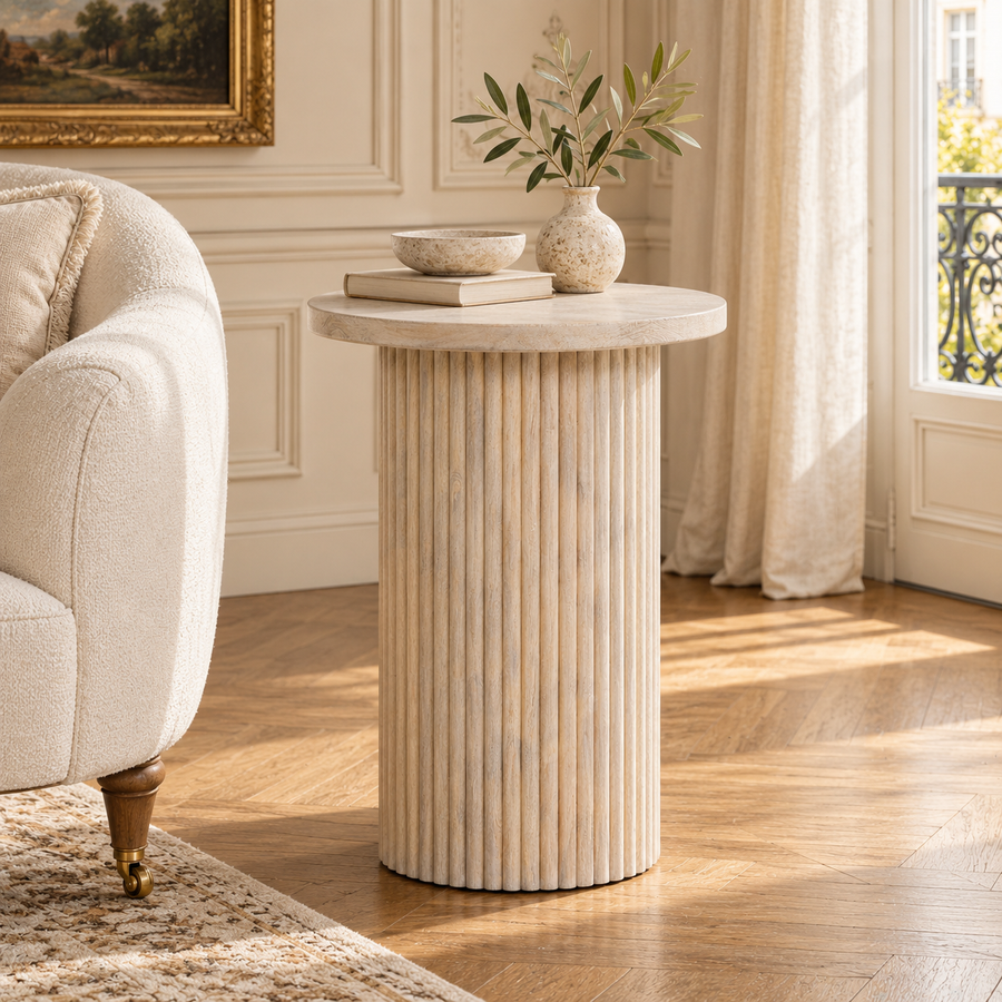 Margaux Ribbed Round Side Table in Washed Mango Wood