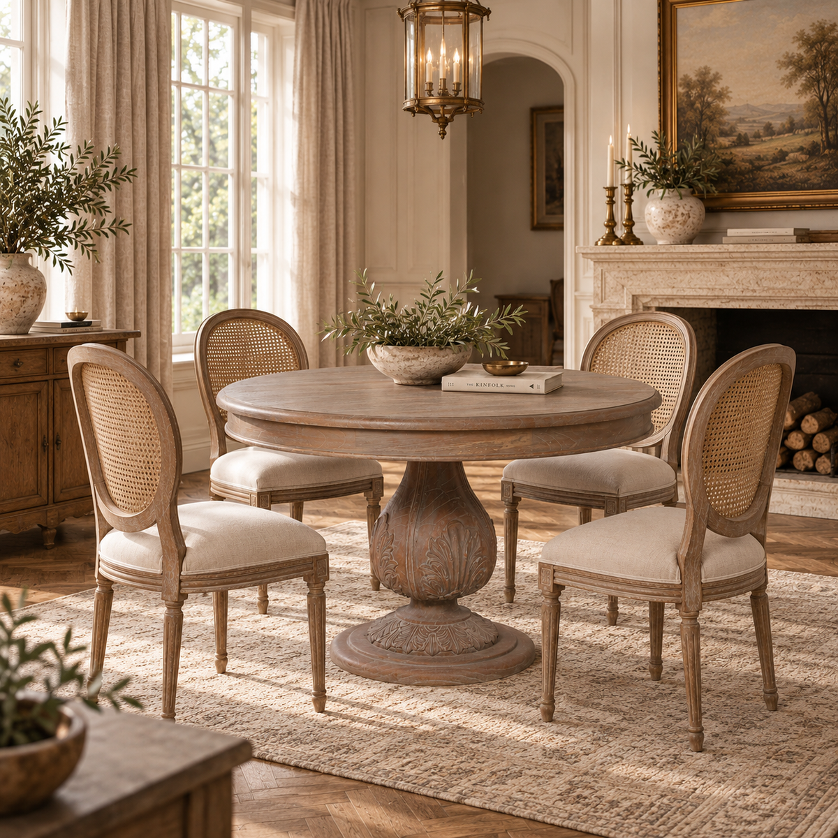 Dark rustic cedar wood round pedestal dining table in a bright dining room with cane chairs, rug, windows and fireplace.